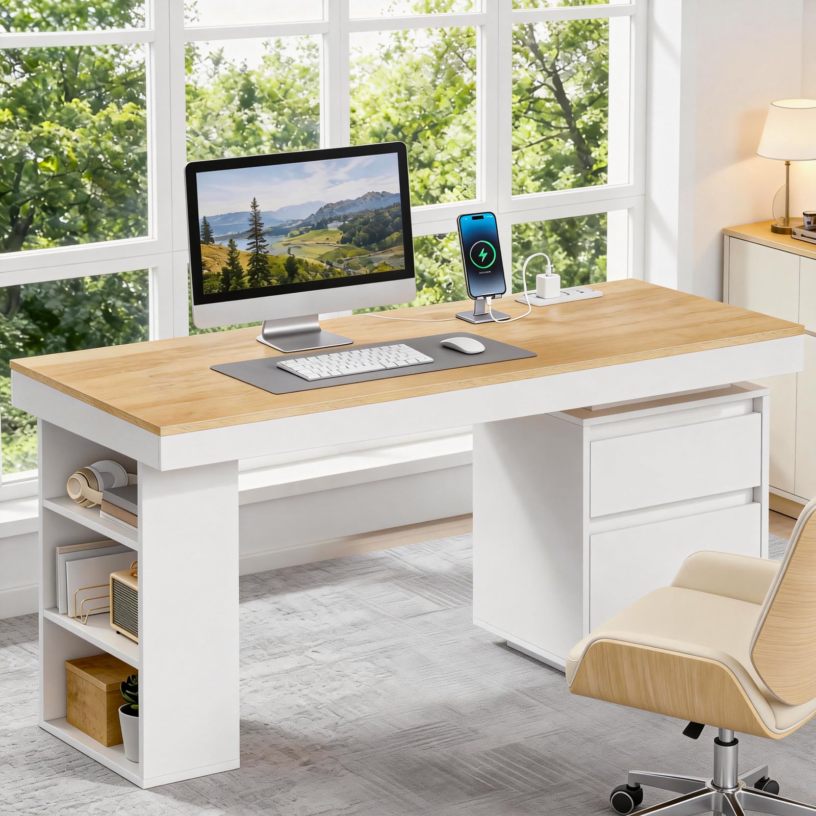 Similar to 55'' Modern Executive Desk with Drawers, Wooden Computer Desk with File Drawer and Charging Station, 3-Tier Open Side Shelf for Home Office and Living Room, Natural and White