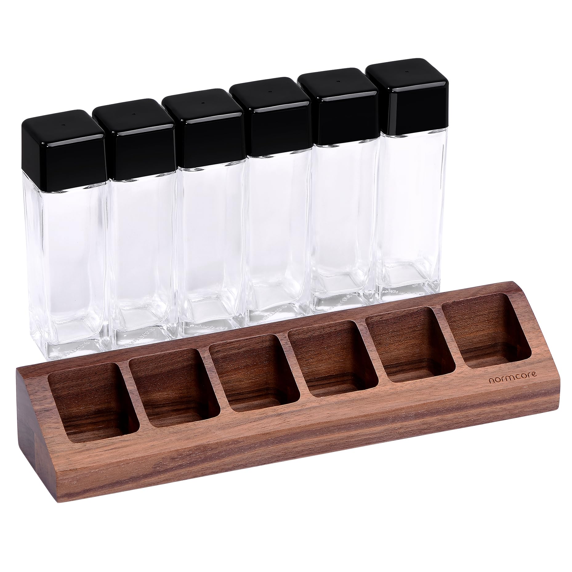 Normcore 6 Tubi di Caffè Espresso Monodose, Cantine per Chicchi, Fiala con Valvola di Scarico Unidirezionale, Capsule in Vetro con Espositore in Vero Noce Americano