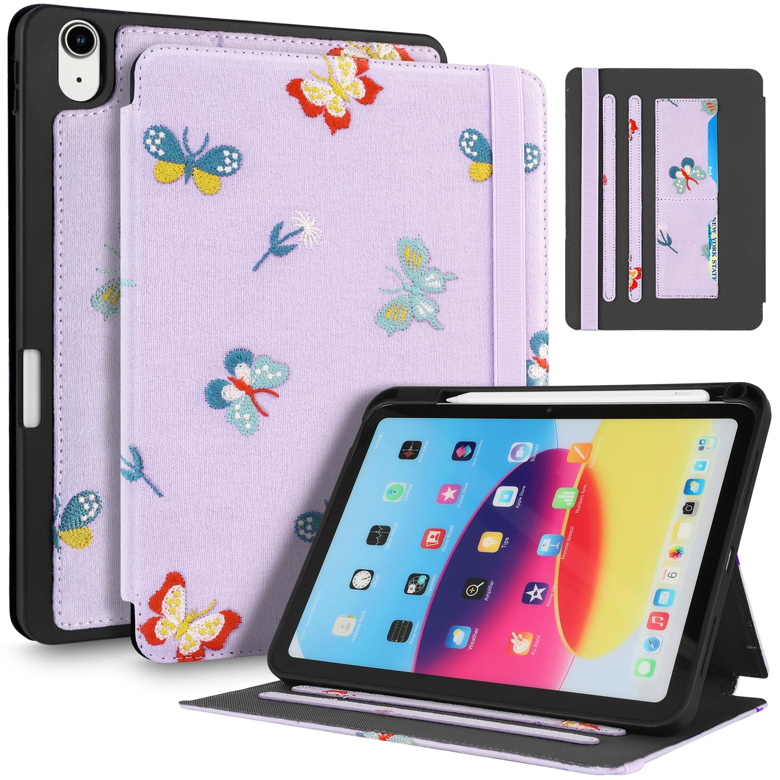 Uppuppy for iPad 10th Generation Case, for iPad (A16) 11th Generation Case - Women Girls Cute Embroidered Folio Stand Cover with Pencil Holder & Card