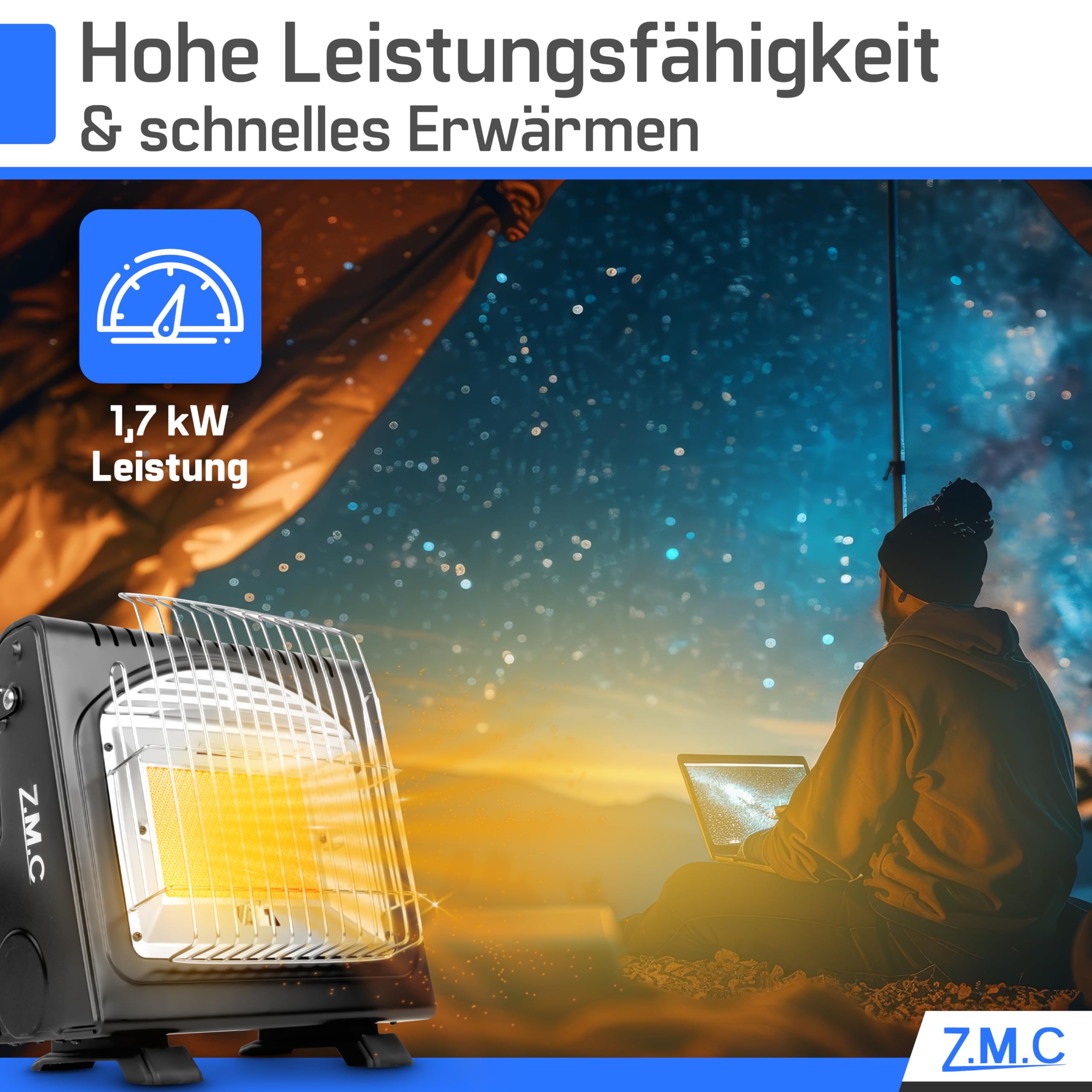 Z.M.C 2-in-1 Tragbare Gasheizung und Gaskocher + 8 Gaskartuschen 227g, Camping Heizung 1,7 kW, perfekte Wärmequelle ohne Strom, Gasheizer für Outdoor, Terrassen, mobile Heizstrahler mit Piezozündung