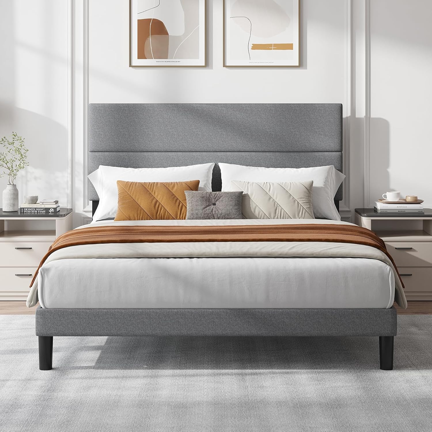 HOWE Twin Size Bed Frame Upholstered Platform Bed with Adjustable Headboard, Sturdy Bedframe Linen Fabric/Easy Assembly/No Box Spring Needed/Noise-Free/Light Grey