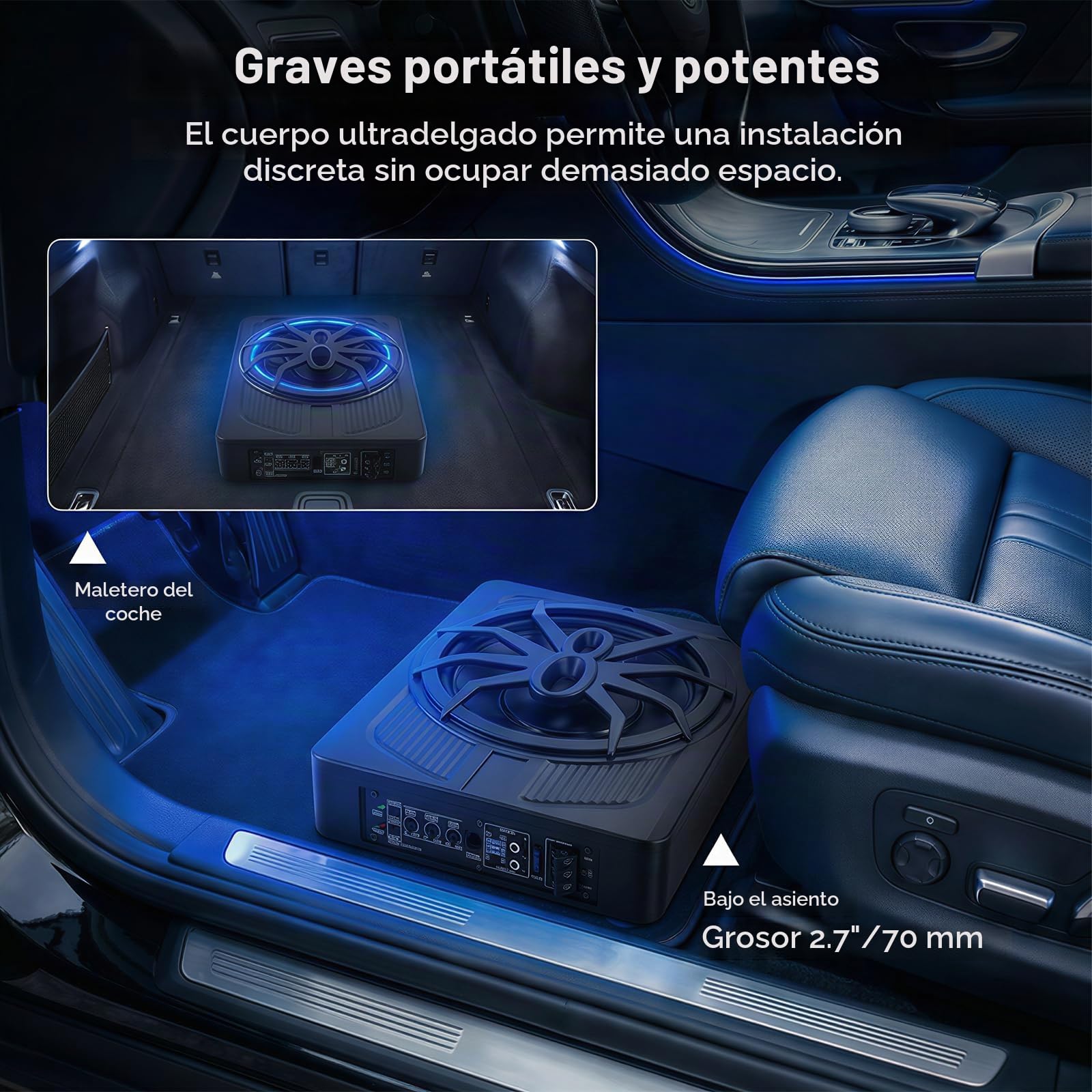 OiLiehu Subwoofer para Coche de 10 Pulgadas y 1000W, Subwoofer con Sonido Envolvente Estéreo, Amplificador de Audio Integrado, Entradas de Bajo y Alto Nivel, con Luz Ambiental LED Azul