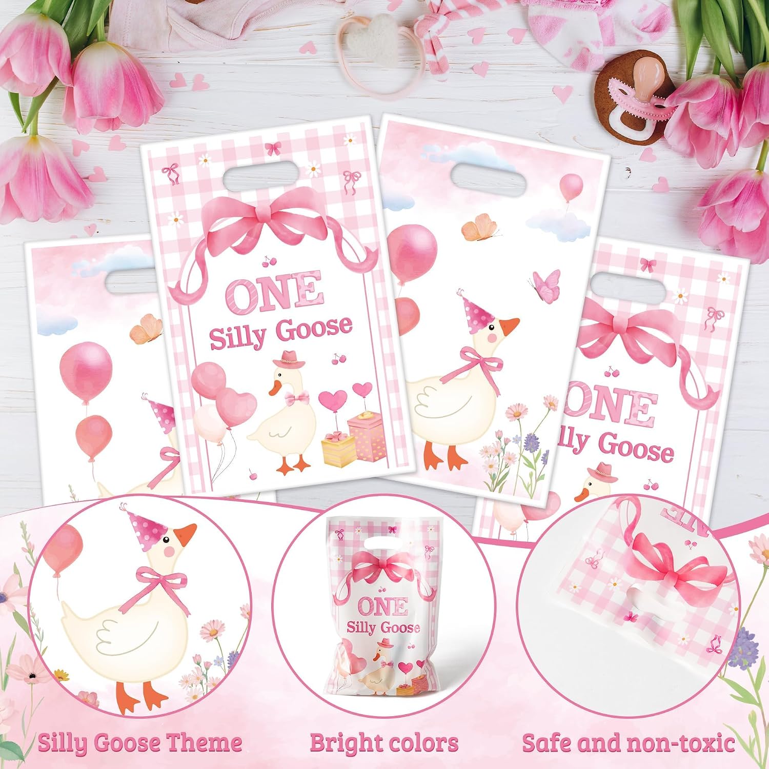 ANGOLIO One Silly Goose Party Favor Bags, 50Pcs Pink Bow Silly Goose Goody Candy Treat Plastic Gift Bags, Flowers Balloon Themed Party Decorations for Birthday Baby Shower Wedding Summer Supplies