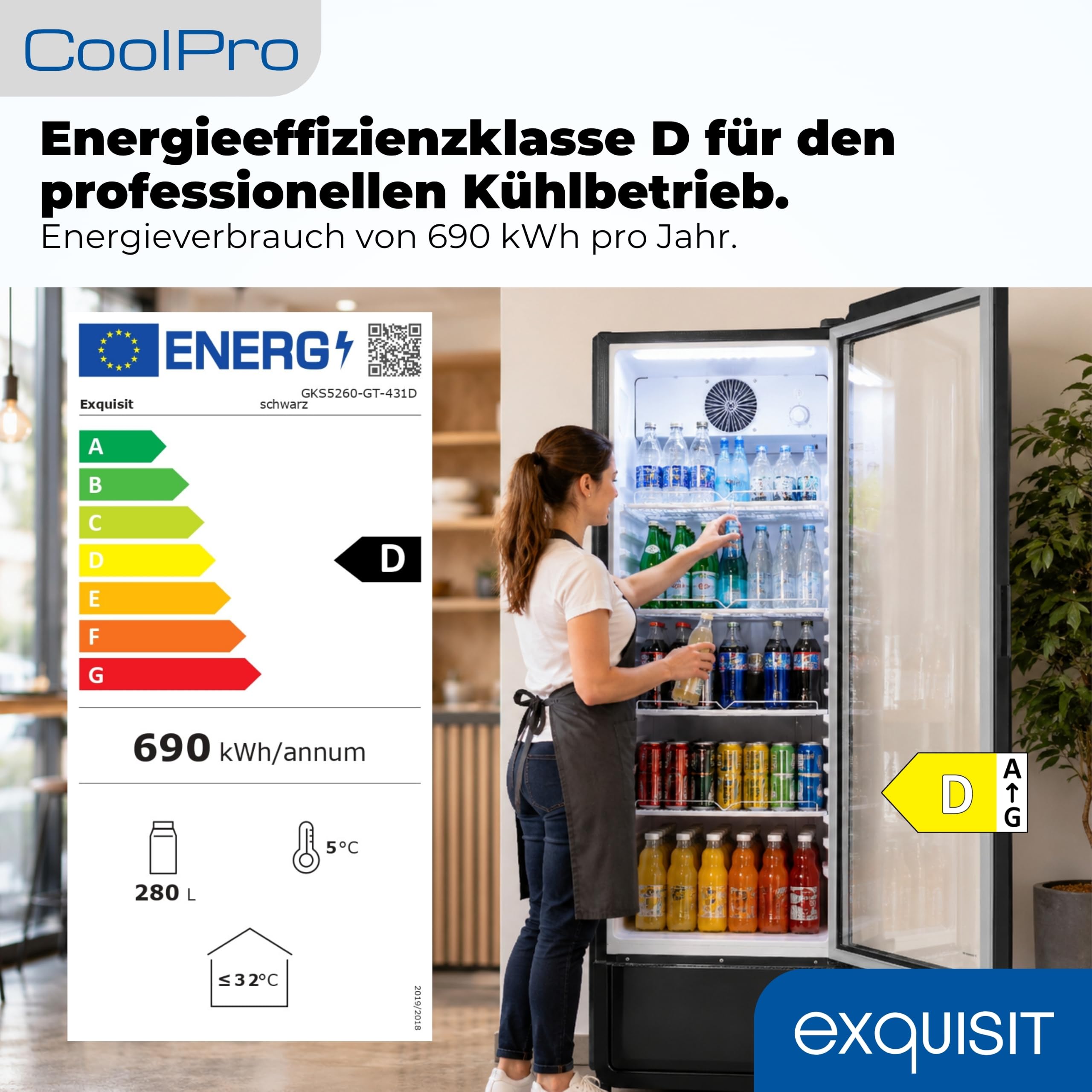 Exquisit Getränkekühlschrank 280 l Gastro Kühlschrank mit Glastür Umluft-Kühlung LED-Beleuchtung 5 verstellbare Ablagen Schwarz