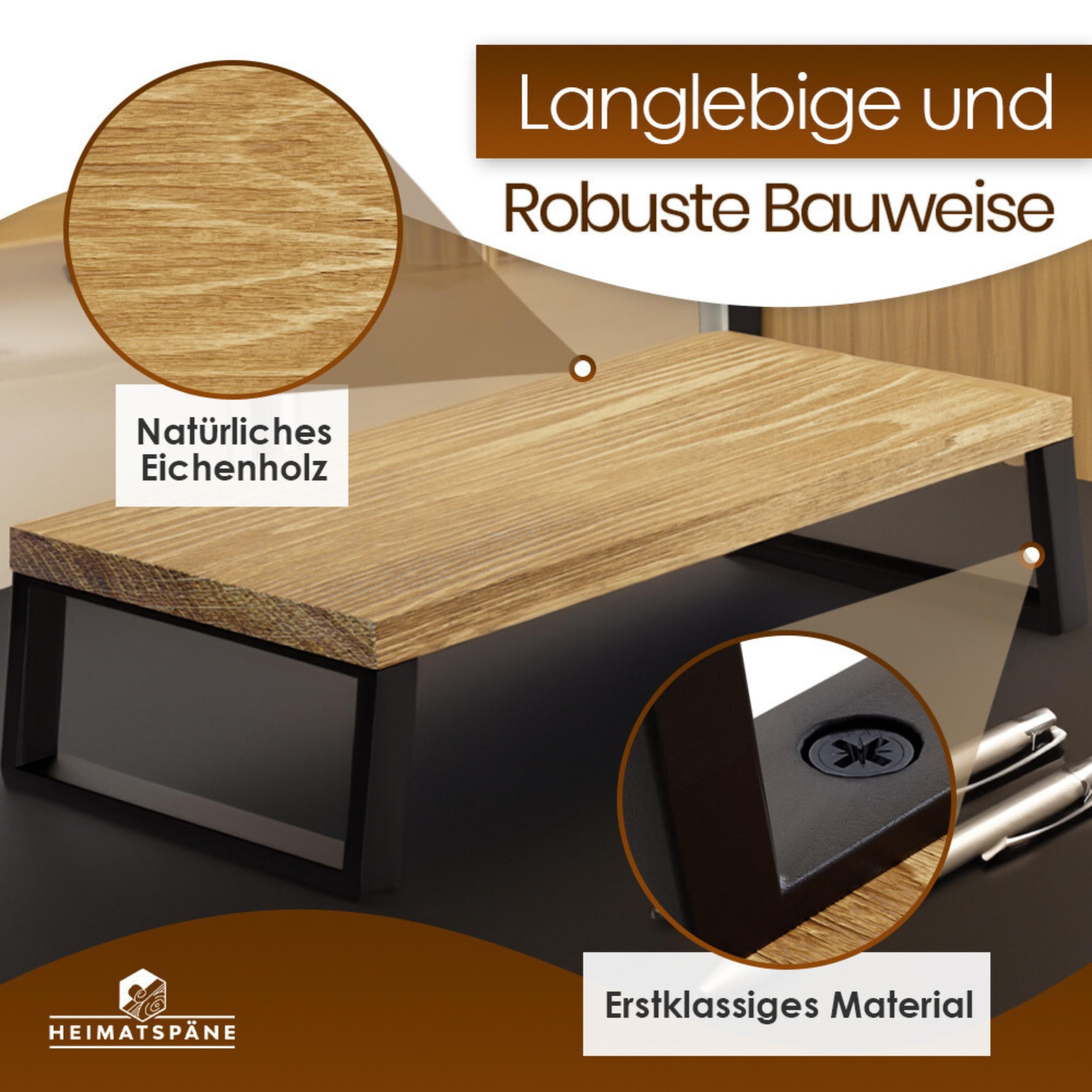 Heimatspäne Monitorständer Eiche massiv – Ergonomische Bildschirmerhöhung Holz als Schreibtischaufsatz für Bildschirm oder Laptop