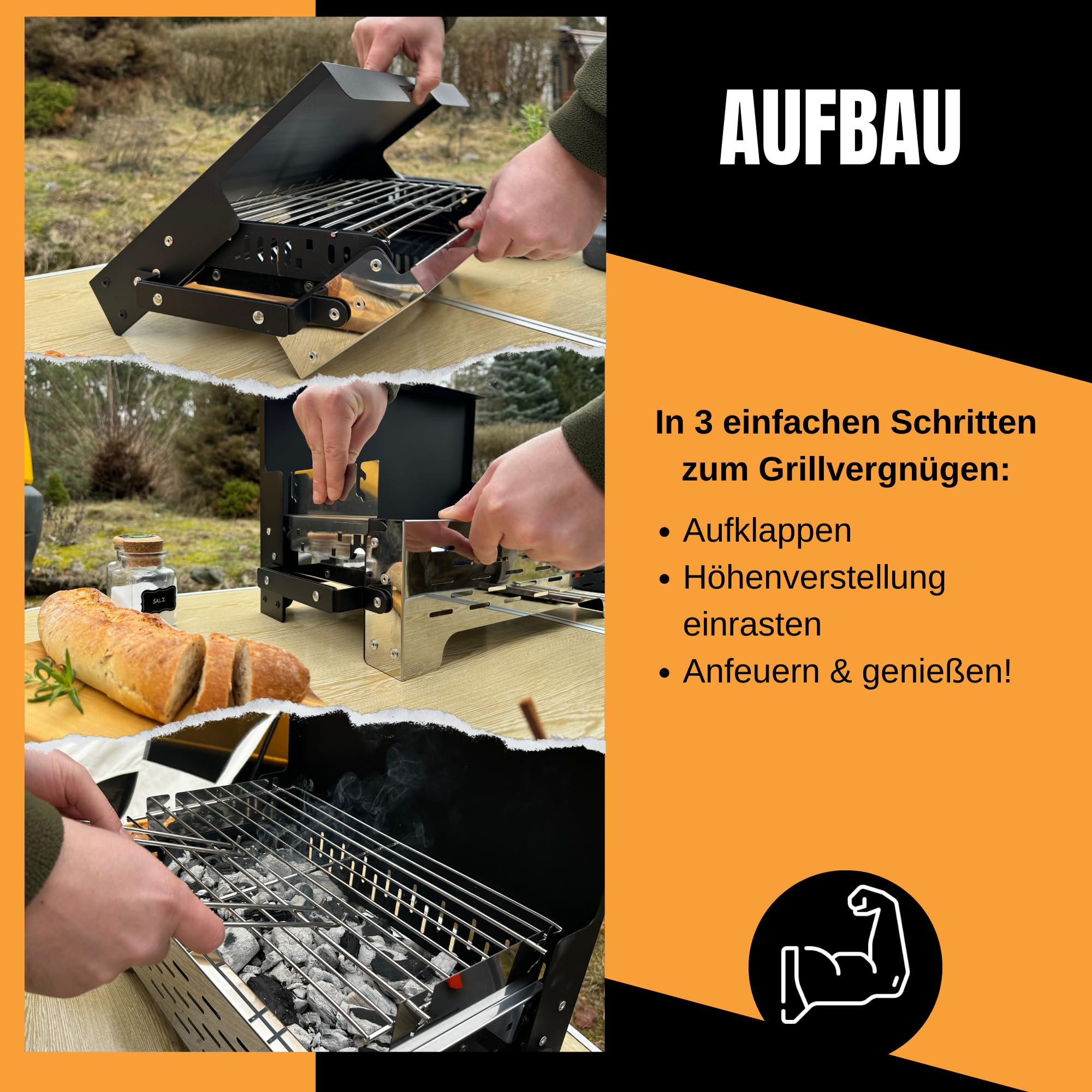 SCHNEIDERFREUDE Klappgrill 2.0: Höhenverstellbarer Camping-Grill mit Doppelfunktions-Zangen & Tasche – DEKRA-geprüfter Holzkohlegrill für Outdoor & BBQ