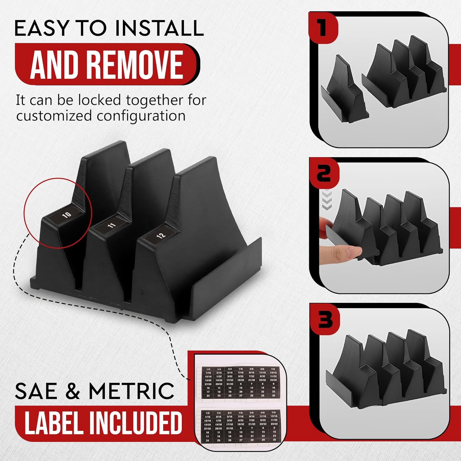 46PCS Magnetic Modular Wrench Organizers + 8" Magnetic Tool Bar, Wrench Holder with Magnet | Tool Drawer Storage Rack with Metric & SAE Labels | Gift for Father, Brother & Boyfriend - Black thumbnail