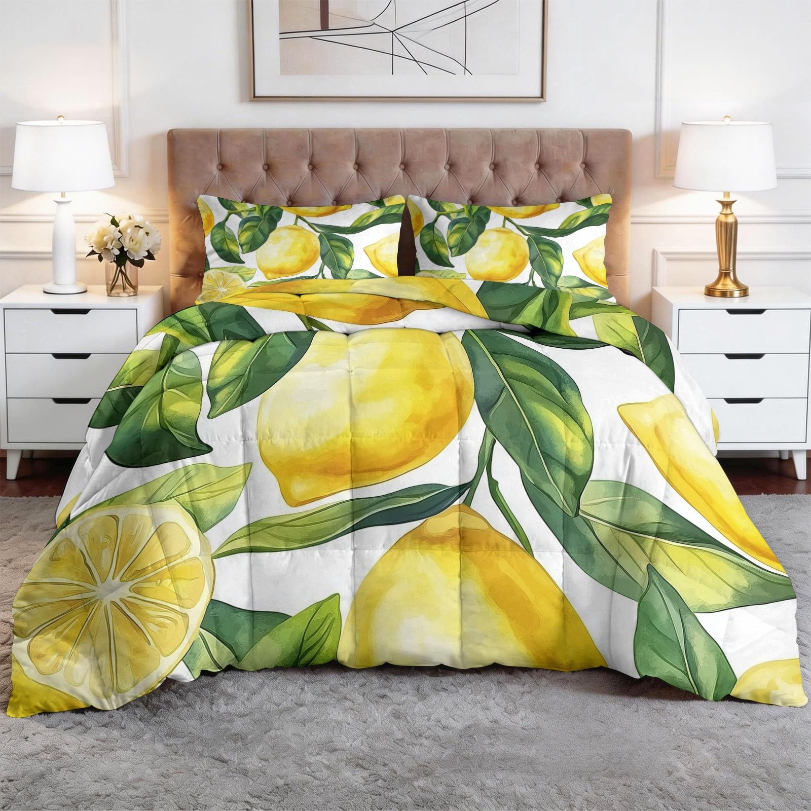 Générique Styl vintage dwustronna kołdra 140 x 200 cm, akwarelowa cytryna liście miękka oddychająca, lekka i oddychająca kołdra - komplet pościeli kołdra pikowana koc nadający się do prania