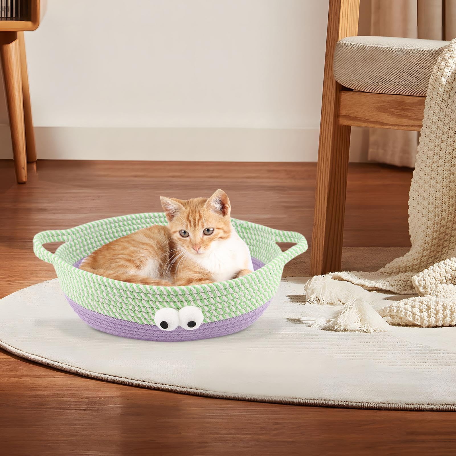 Letto Per Gatti In Corda Cotone - Cuccia Rotonda Intrecciata Traspirante Per Interni - Foto 7