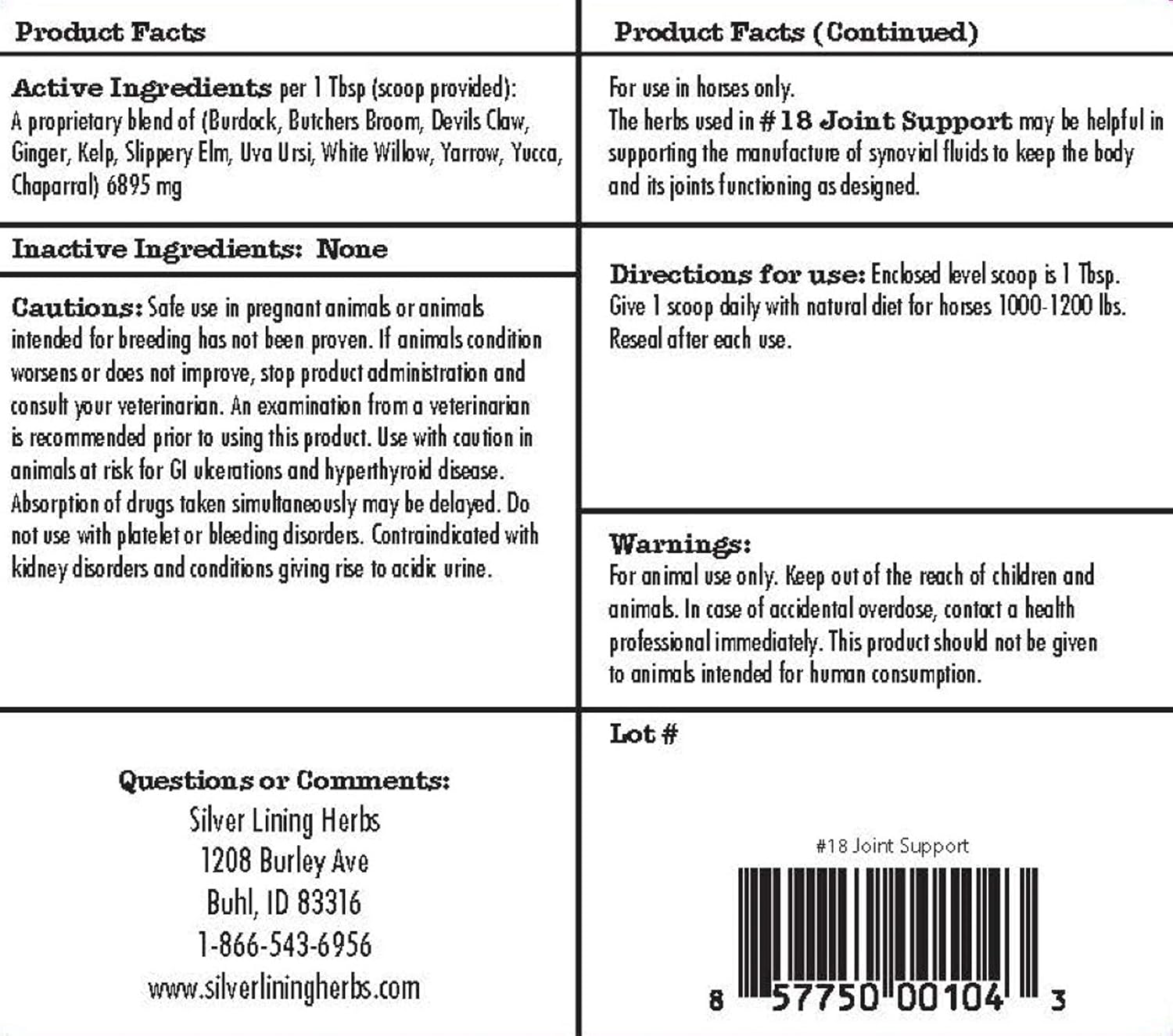 Silver Lining Herbs 18 Joint Support for Horses - Natural Support of Normal Synovial Fluid Production, Cartilage & Connective Tissue for Healthy Joints and Hips - Herbal Horse Care - 5 lb Bucket : Horse Nutritional Supplements And Remedies : Pet Supplies