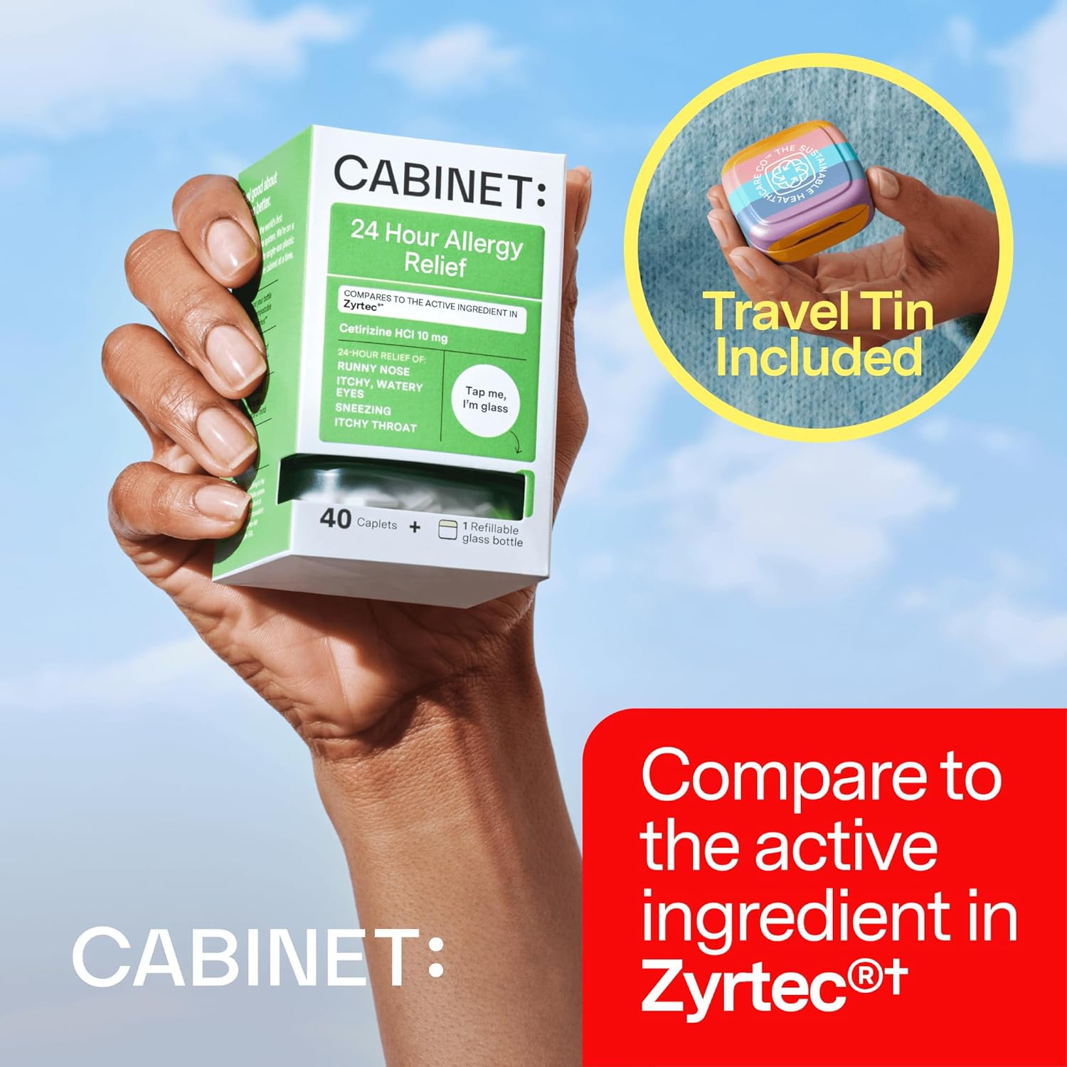 Cabinet: All Day Allergy Relief Cetirizine 10mg for Non-Drowsy Relief from Common Allergy Symptoms (Starter Kit w/Travel Tin)