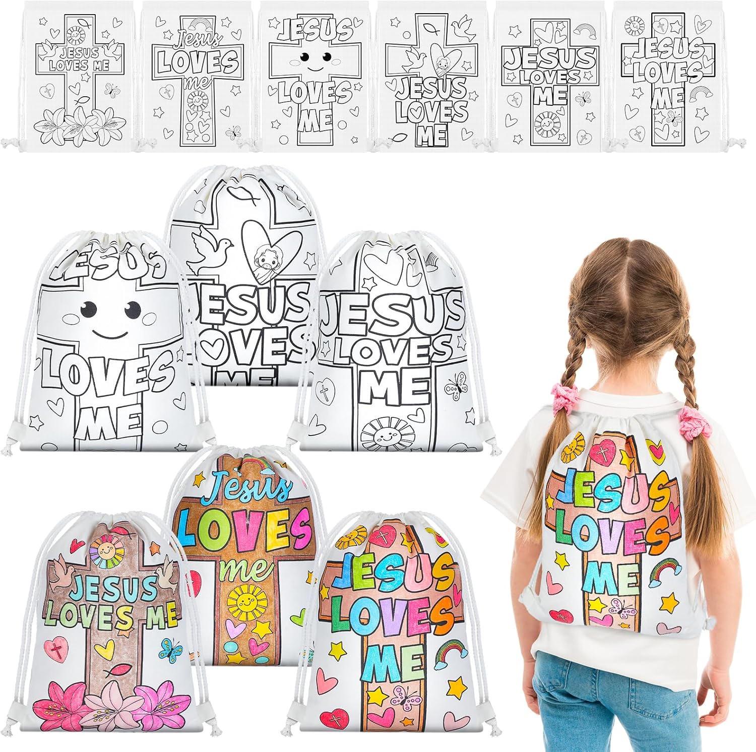 24 Pcs Spring Color Your Own Drawstring Backpack Crafts Christian Jesus Loves Me Canvas Backpack Religious Coloring Drawstring Bags Catholic Crafts for Christian Sunday School Classroom Party Favor