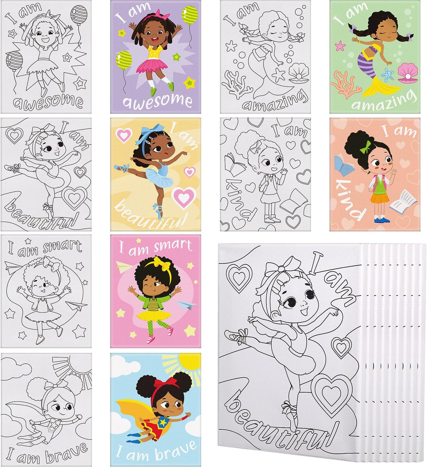 Tatuo 6 Pieces Black Women Pre Drawn Canvas for Painting 8 x 10 Inch Pre Drawn Stretched Outline Canvas Sip and Paint Kit for Adults Birthday Gifts