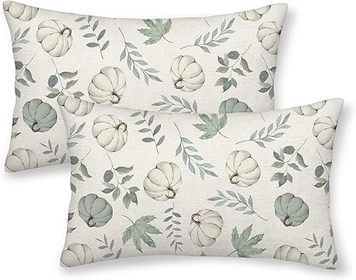 Juego de 2 fundas de almohada de otoño de 12 x 20 pulgadas, diseño de calabaza y hoja de arce, fundas de almohada decorativas de lino para otoño,