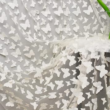 1 Yard Off White Embroidery Butterfly Lace Fabric, 3D Butterfly Lace Fabric Mesh Tulle lace for DIY Wedding Dress Costume Accessories Veil Home Decor