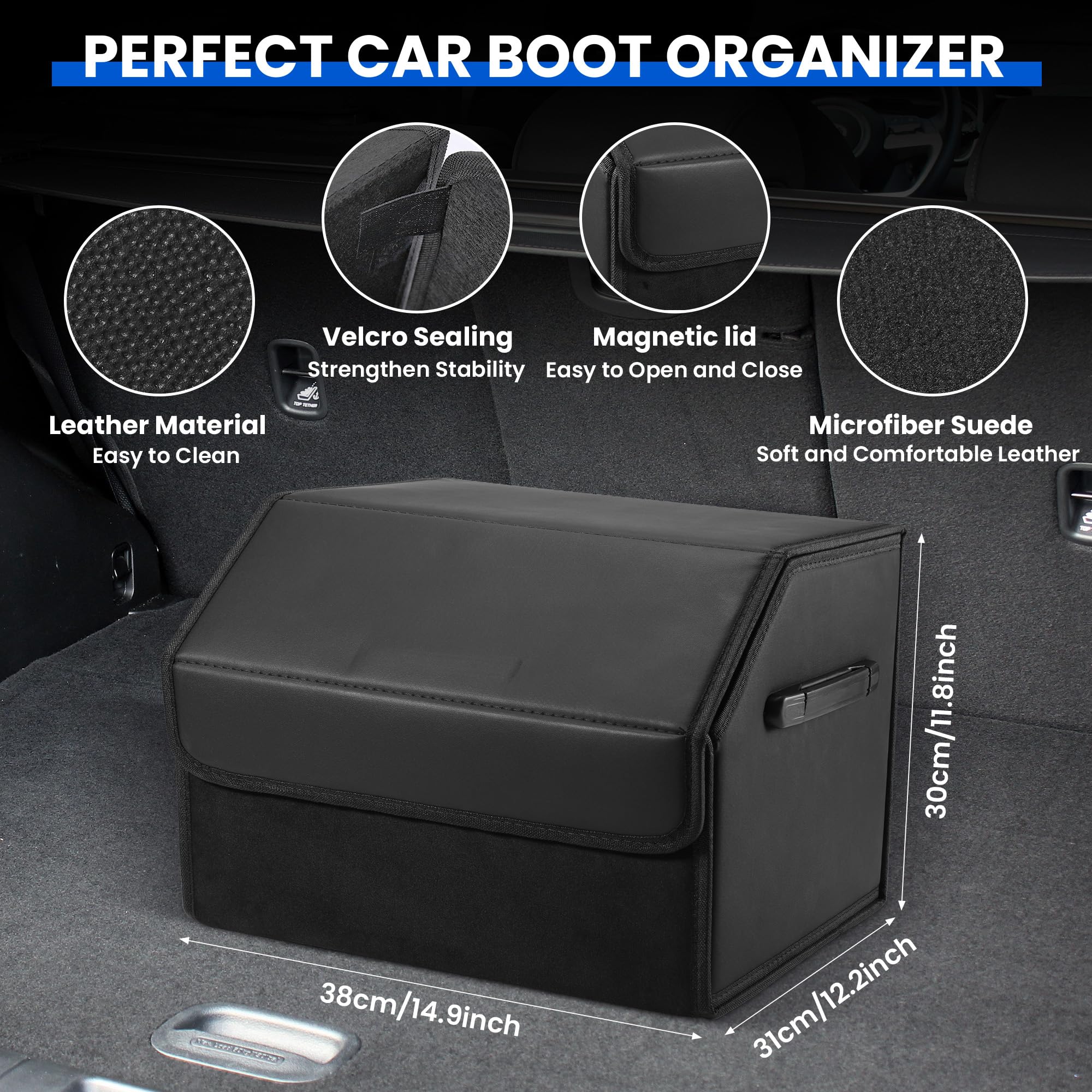 Auto Kofferraum Organizer, 38x31x30cm Auto Tasche Kofferraum mit Deckel, Zusammenklappbarer Kofferraumtasche mit Magnetschnalle, Aufbewahrungsbox mit Griffen (Schwarz)