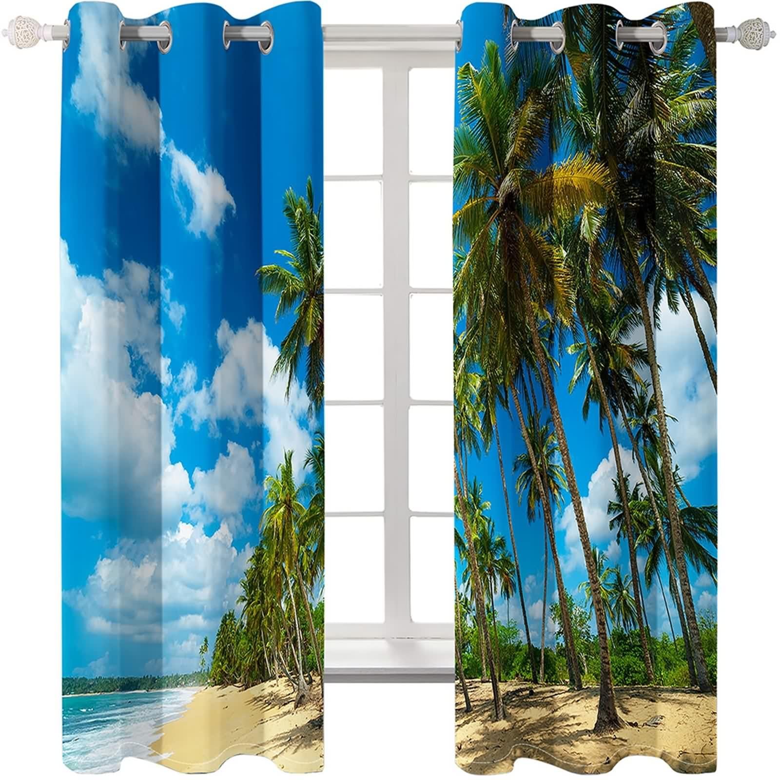 Rideau de Cuisine Long, Rideau Anniversaire Bleu Blanc Vert Polyester Plage de Ciel Bleu et Cocotiers 132L x 274H CM Lot de 2