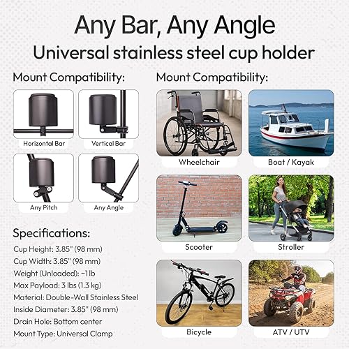 Miniatura 3 de Kroozie Soporte para botellas de bicicleta de lujo, universal, de acero inoxidable, para manillares, para barras verticales o en ángulo y bebidas de