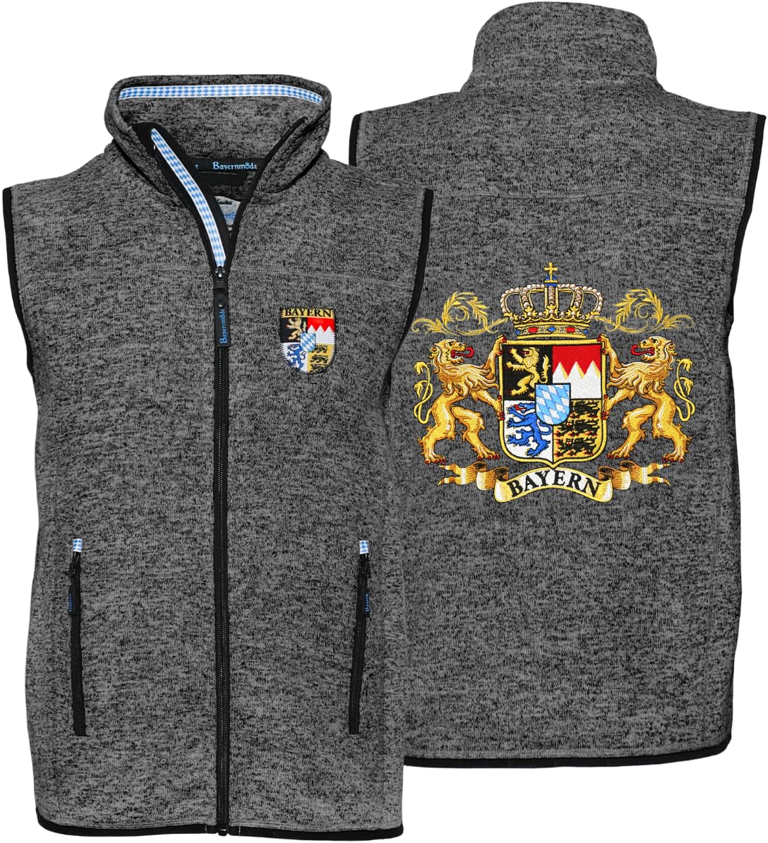 Herren Bayern Kultgilet – Original Strickfleece Gilet mit Bayern Wappen Stickerei & Applikationen, warmem Innenfleece – ideal fürs Oktoberfest & Wandern, Hellgrau
