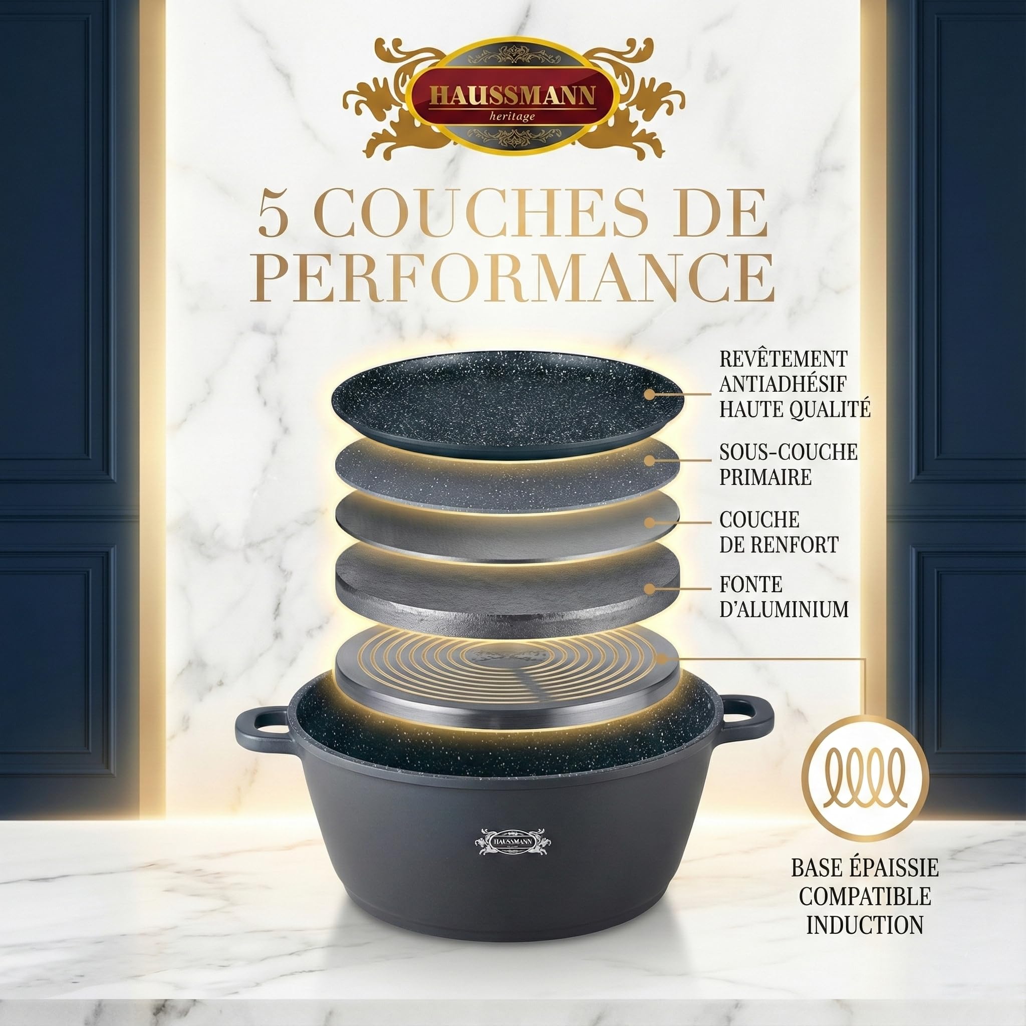 HAUSSMANN Heritage Batterie de Cuisine 22 Pièces en Fonte d'Aluminium-Revêtement Antiadhésif Façon Pierre - Manches Amovibles (Gain de Place) - Tous Feux dont Induction - Sans PFOA