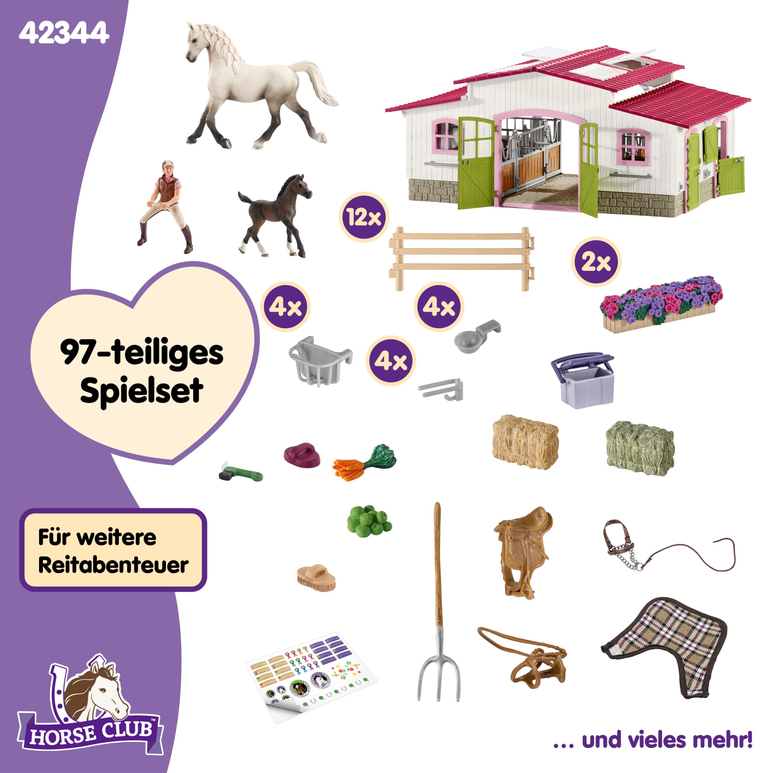 Schleich Horse Club | Reiterhof mit Reiterin und Pferden 42344 | Set aus Stall, Mädchenfigur, 2 Pferden & Zubehör | Geschenk für Kinder | Spielzeug ab 5 Jahren | 97 Teile | exklusiv bei Amazon