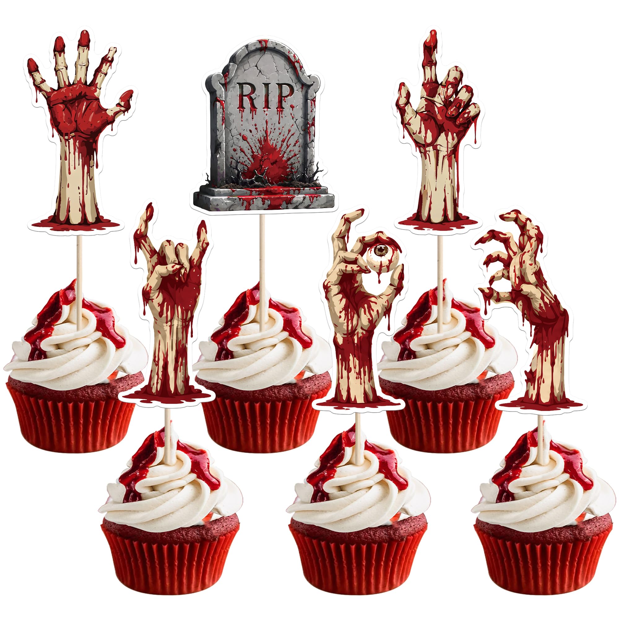 SYKYCTCY 36 Pack Halloween Zombie Tombstone Hands Cupcake Toppers Red Hands Tombstone Cupcake Picks for Halloween Theme Zombie Birthday Party Cake Decorations Supplies