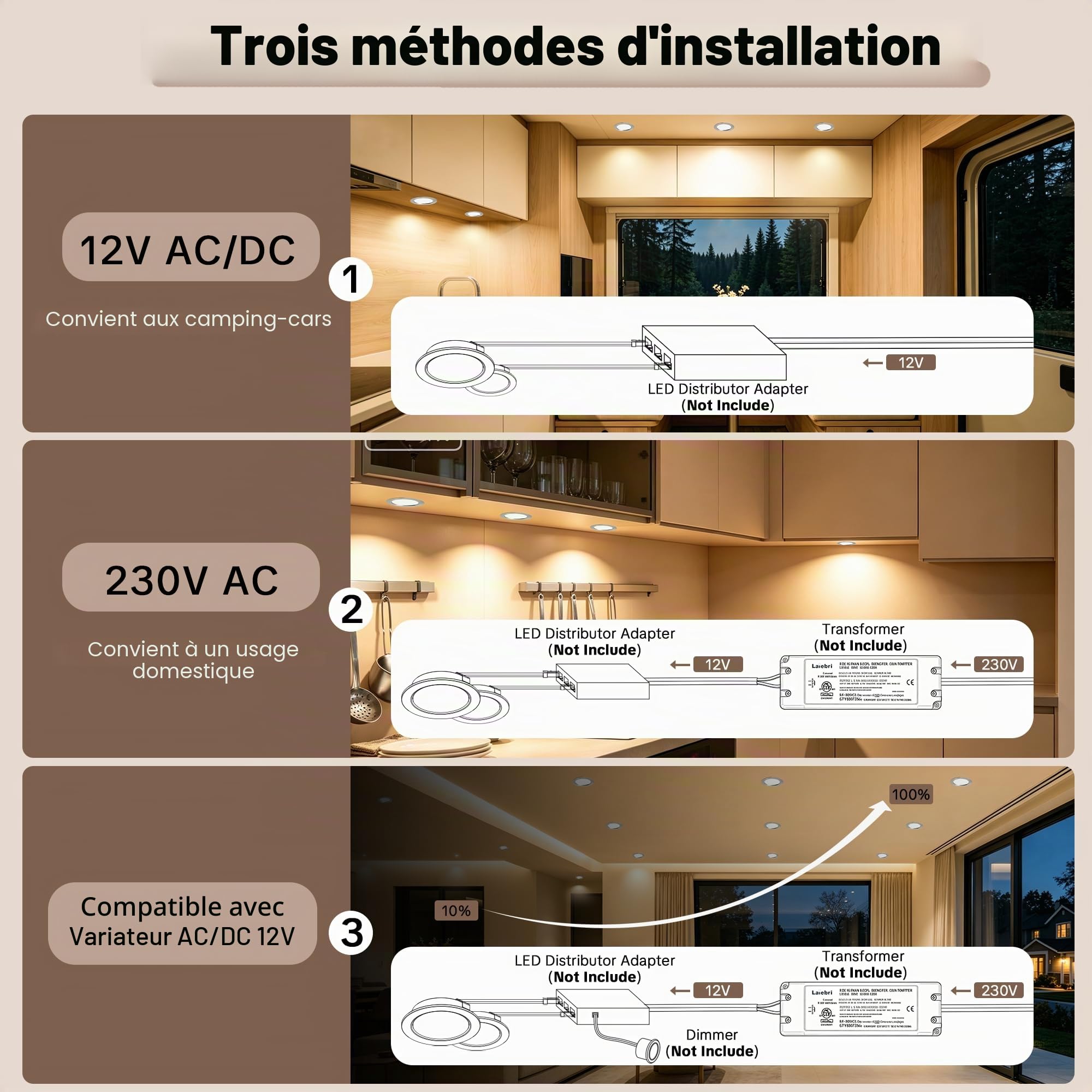 Lot de 3 Spot LED Encastrable 12V, 3000K Blanc Chaud 3.5W 330LM Alu Spots de Plafond Intensité Variable, LED Encastrable Plafond Trou 55-58mm, IP44 Plafonnier Spot pour Camper Meuble, Nickel