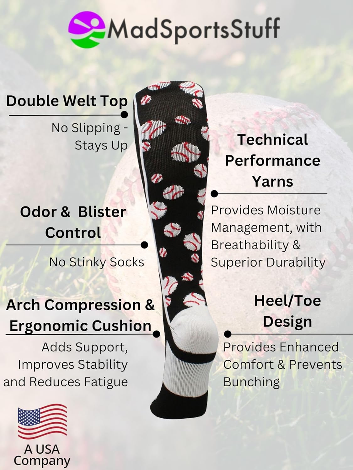 MadSportsStuff Crazy Baseball Socks with Baseballs over the calf (multiple colors) - Image 3