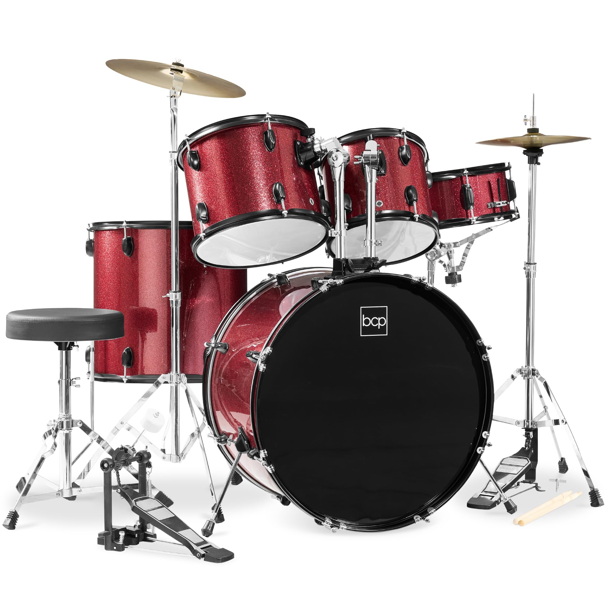 Best Choice Products 5-Piece Full Size Complete Adult Drum Set w/Cymbal Stands, Stool, Drum Pedal, Sticks, Floor Tom - Red Sparkle