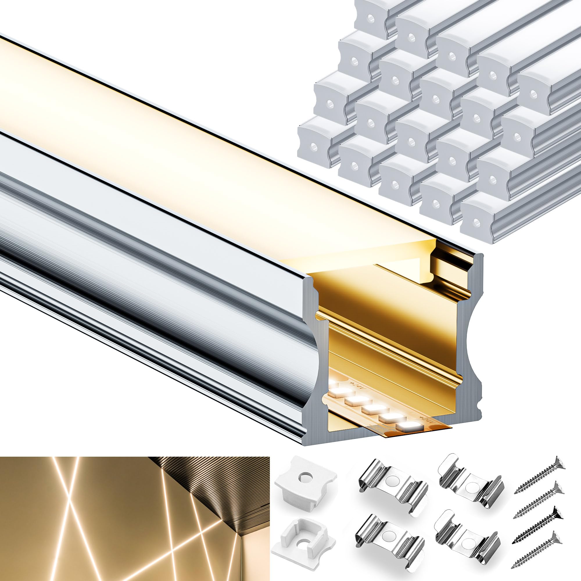 20 profili per cartongesso a LED, 2 m (40 m), adatto per strisce LED fino a 12 mm, dimensioni 15,6 x 14,4 mm, con diffusore in PC opaco, per montaggio a soffitto, a parete e a mobili
