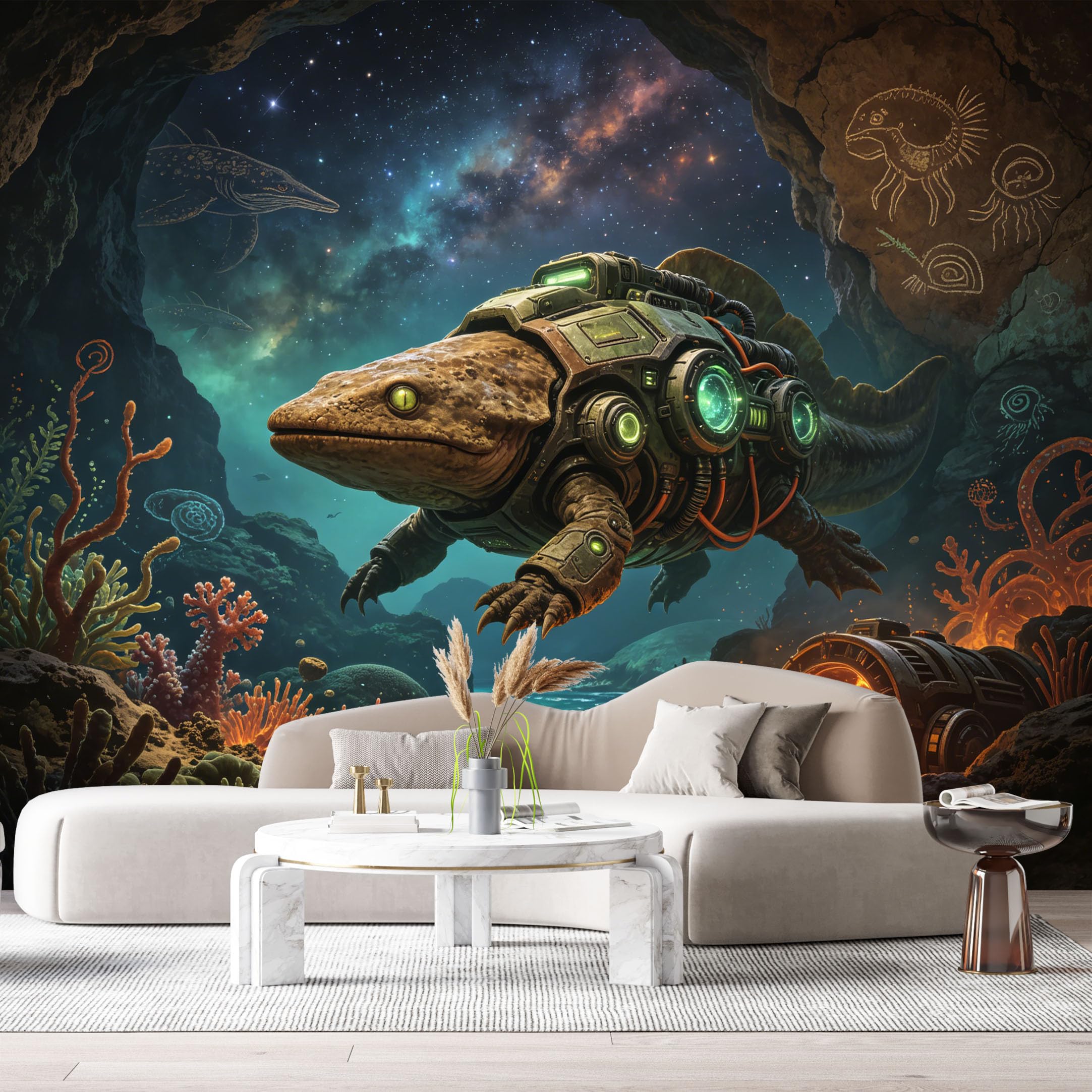 Custom Size Wall Mural Cyber Reptile Mech Underwater SciFi Creature Futuristic Armor Deep Sea Mechanical Reptile 3D Textured SelfAdhesive Removable Wallpaper Esports Game Room Studio