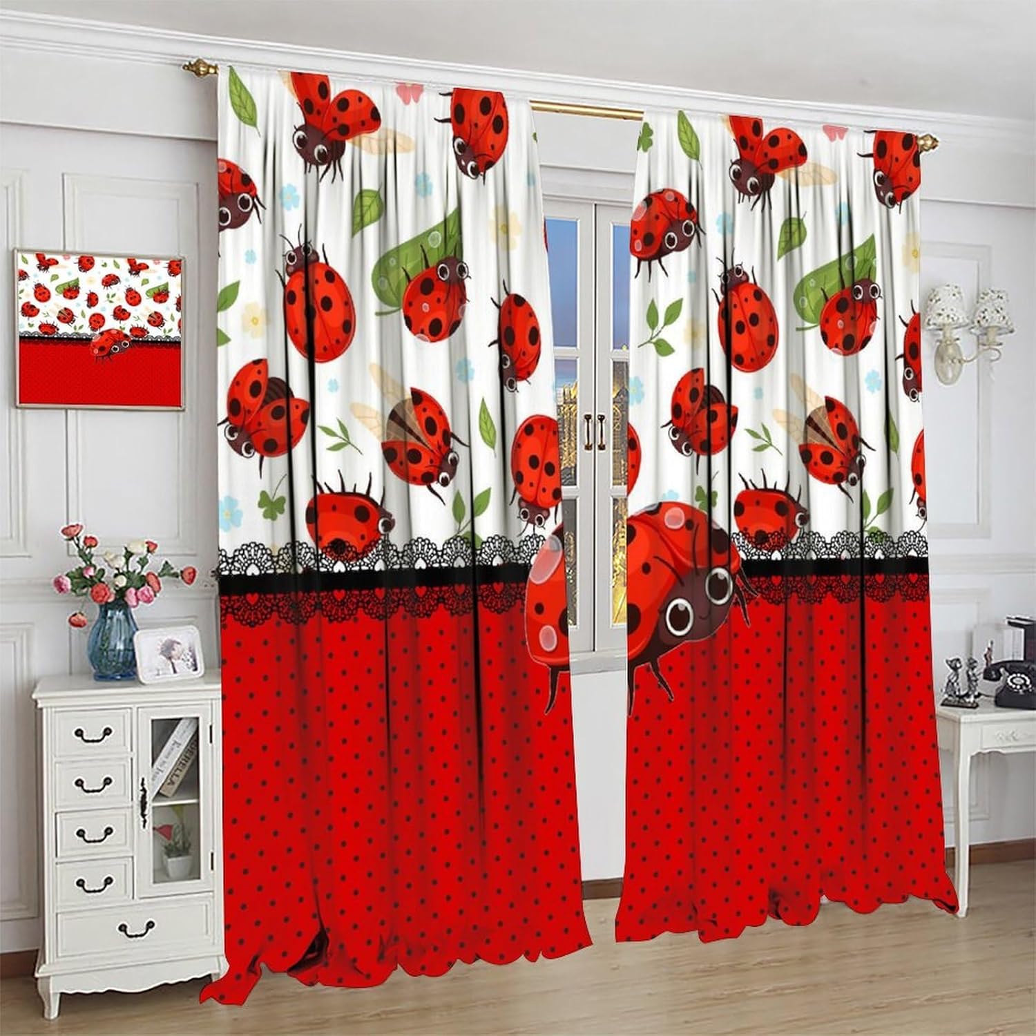 Brebasf Cute Cartoon Animal Ladybug Rod Pocket Blackout Curtains for Living Room,Noise Reduction Abstract Modern Art Spring Forest Green Leaf Ladybugs Bedroom Curtains,2 Panels 63" L x 27.5" W