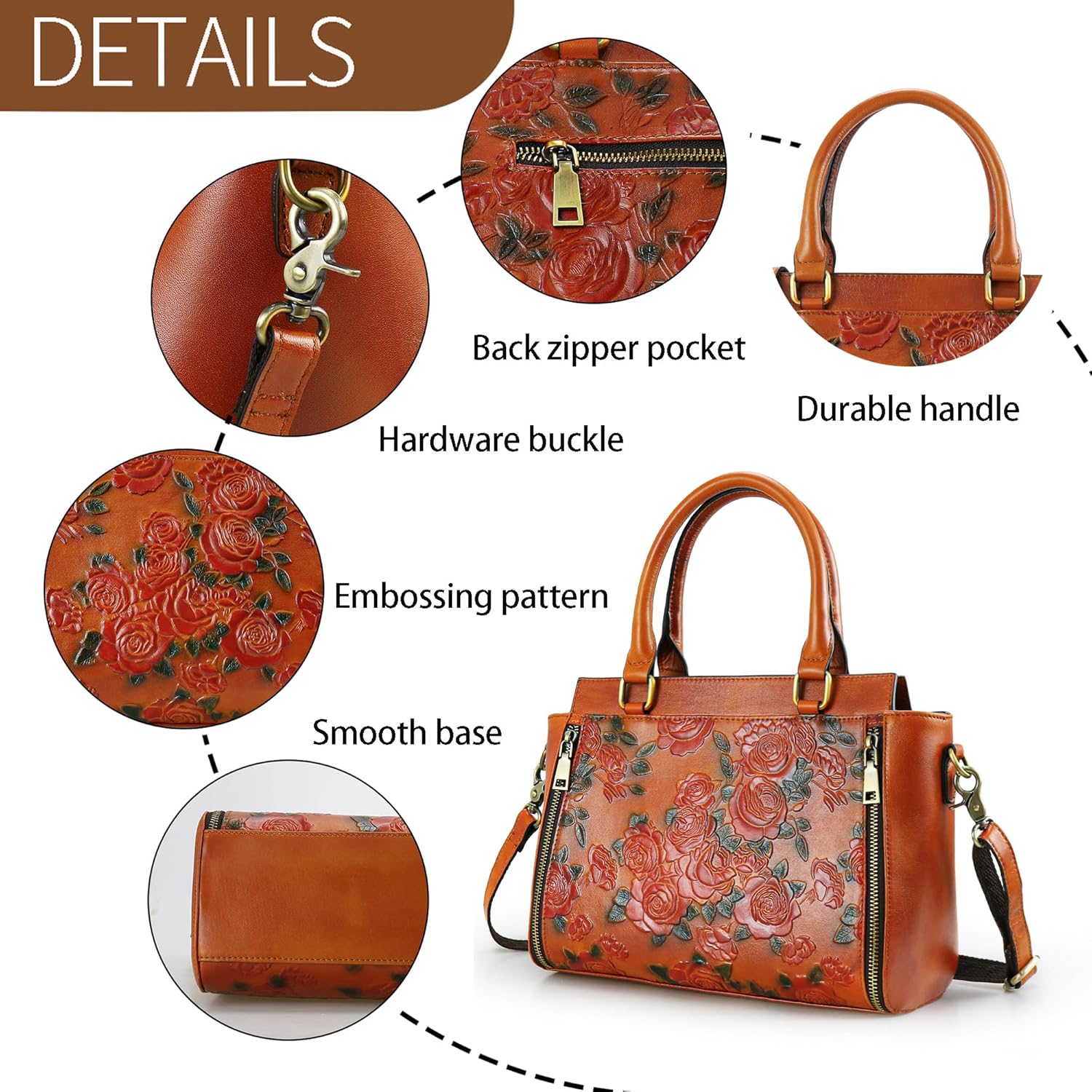 Crossbody Bag for Women Leather Shoulder Bag Medium Satchel Vintage Embossing Rose Large Capacity(Brown) - Image 4