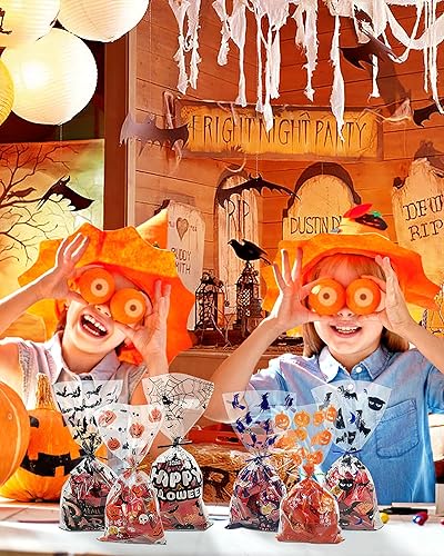 Miniatura 2 de NESIMY Bolsas de golosinas de Halloween para celofán, bolsa de celofán a granel con lazos giratorios para dulce o truco, regalos y recuerdos de