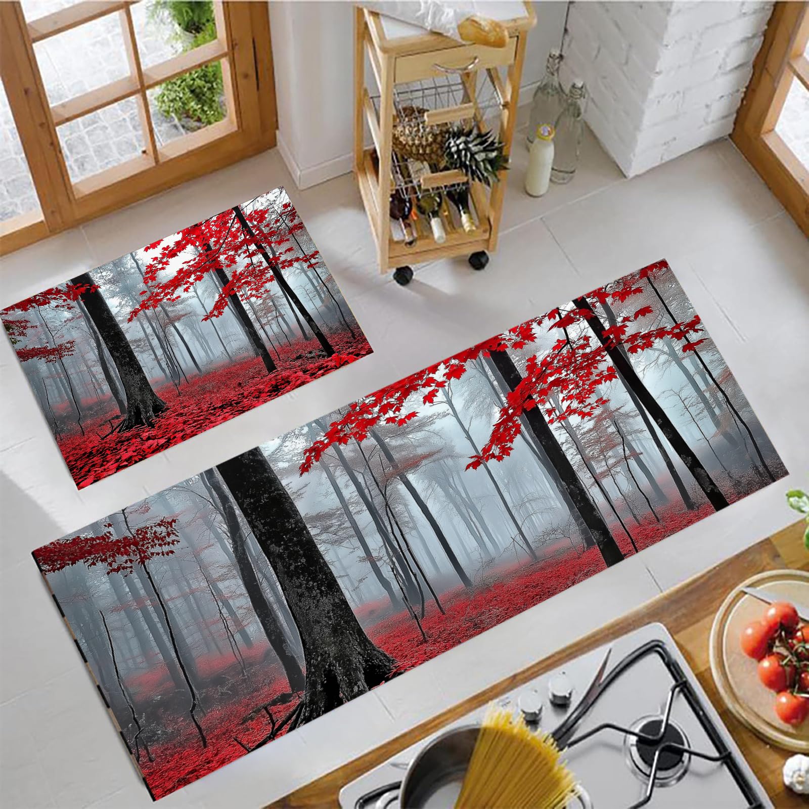 Tapis de cuisine antidérapants et lavables ensemble de 2 pièces design forêt rouge OFFSUM