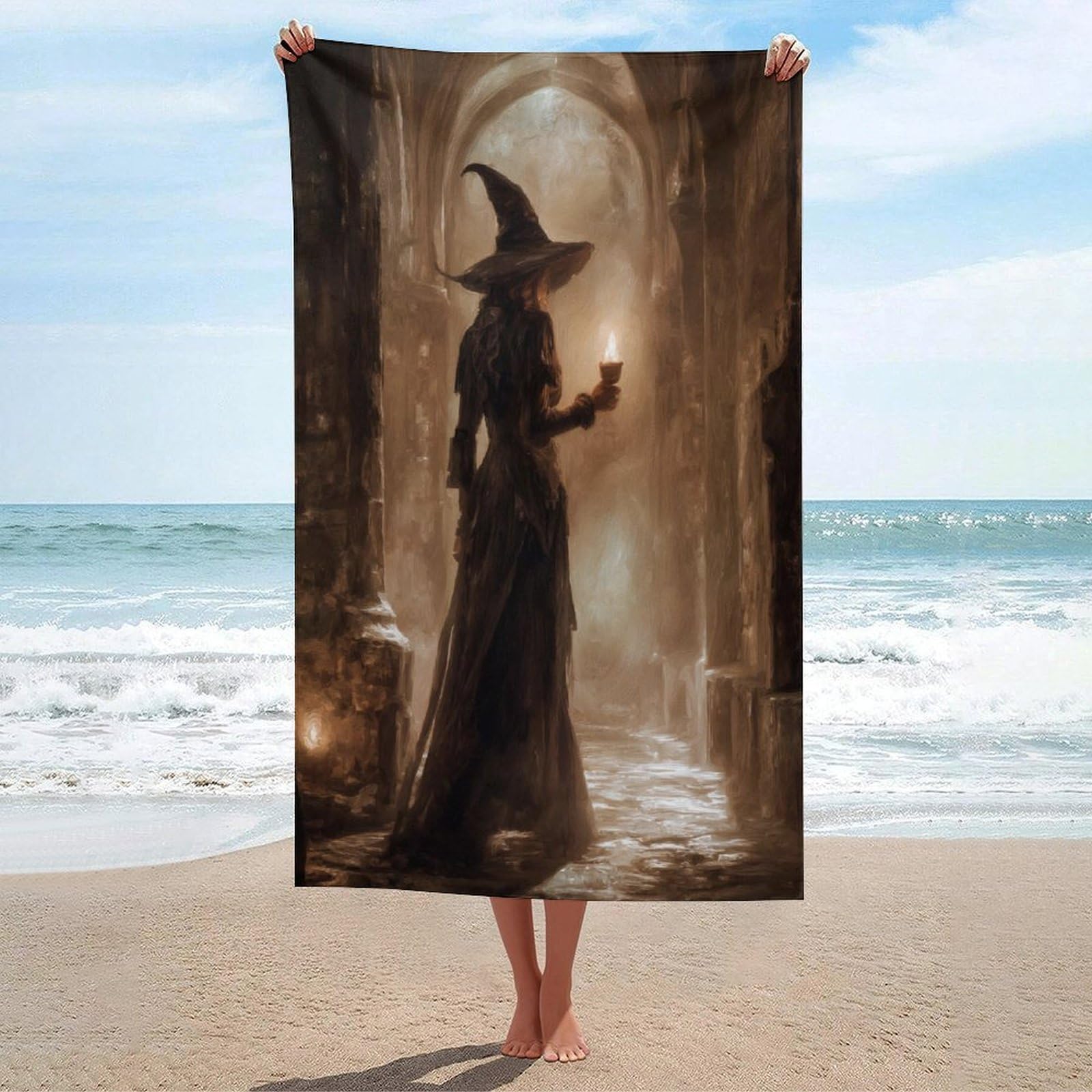 LSRCPD Witch Holding A Candle Old Castle Beach Towel Sand Free Microfiber Large Shower Towels Multipurpose Absorbent for Bathroom Pool 130x80 CM