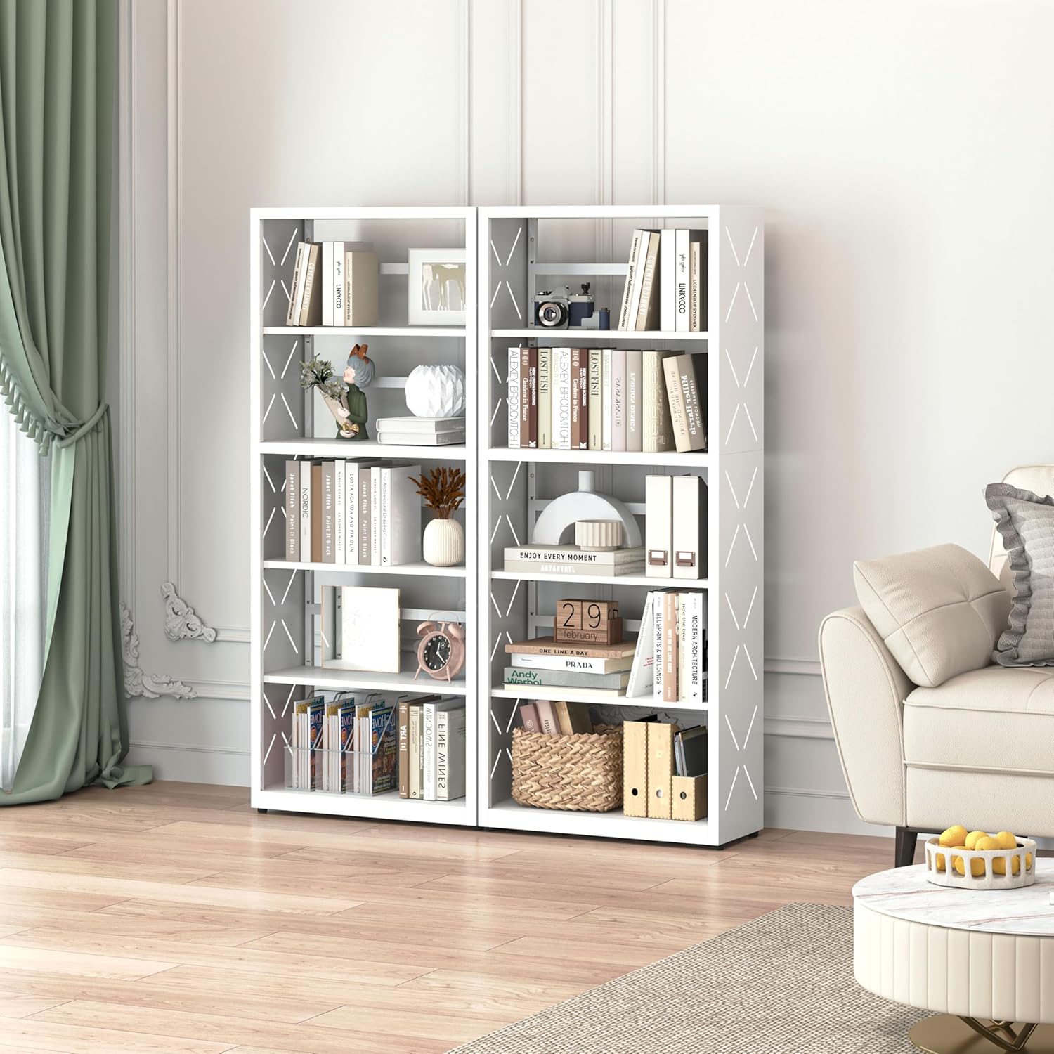 Bookshelf, 5 Tier Metal Bookcase with Adjustable Shelves, Tall White Book Shelf with Bookends, White Display Shelves for Living Room, Home Office, Library
