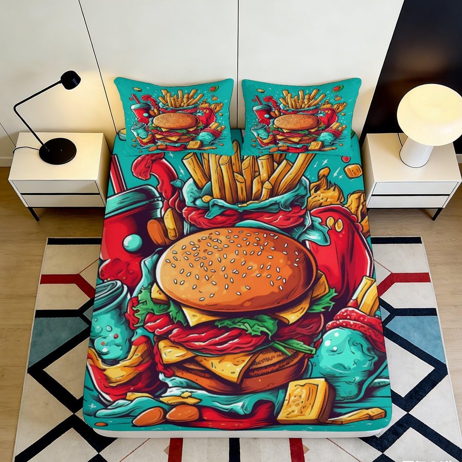 Dhbaneiok Style-10 3D Printed Burger Fries Fitted Sheet Microfiber Soft Breathable Fast Food Bed Cover For Bedroom Dorm Decor Protection 90X200x25cm