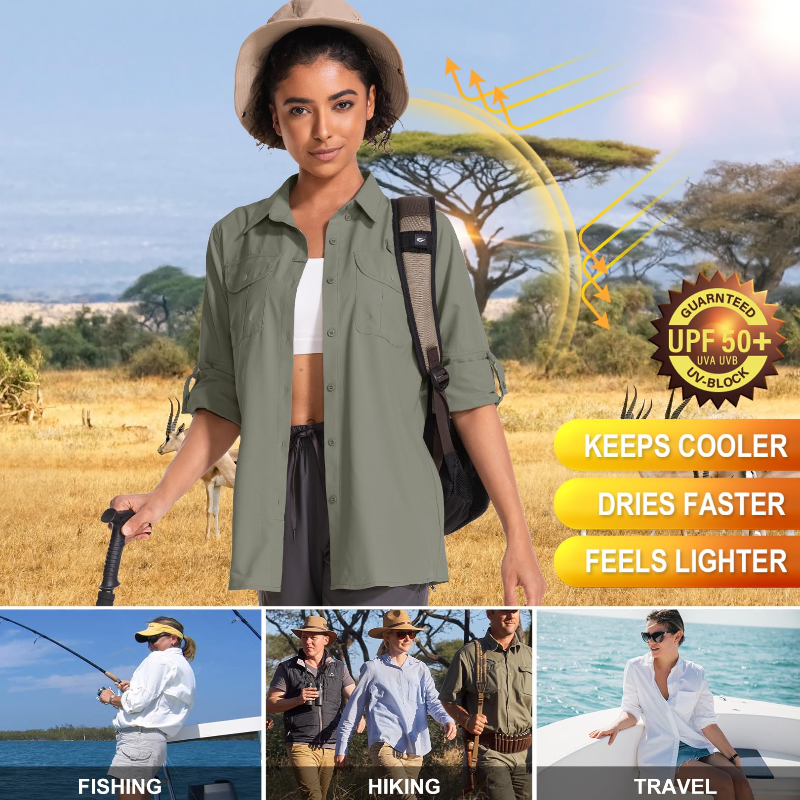 Camisa de manga larga UPF 50 para mujer, diseño de safari, senderismo, pesca, protección UV rápida, con botones, camisa de viaje para jardinería