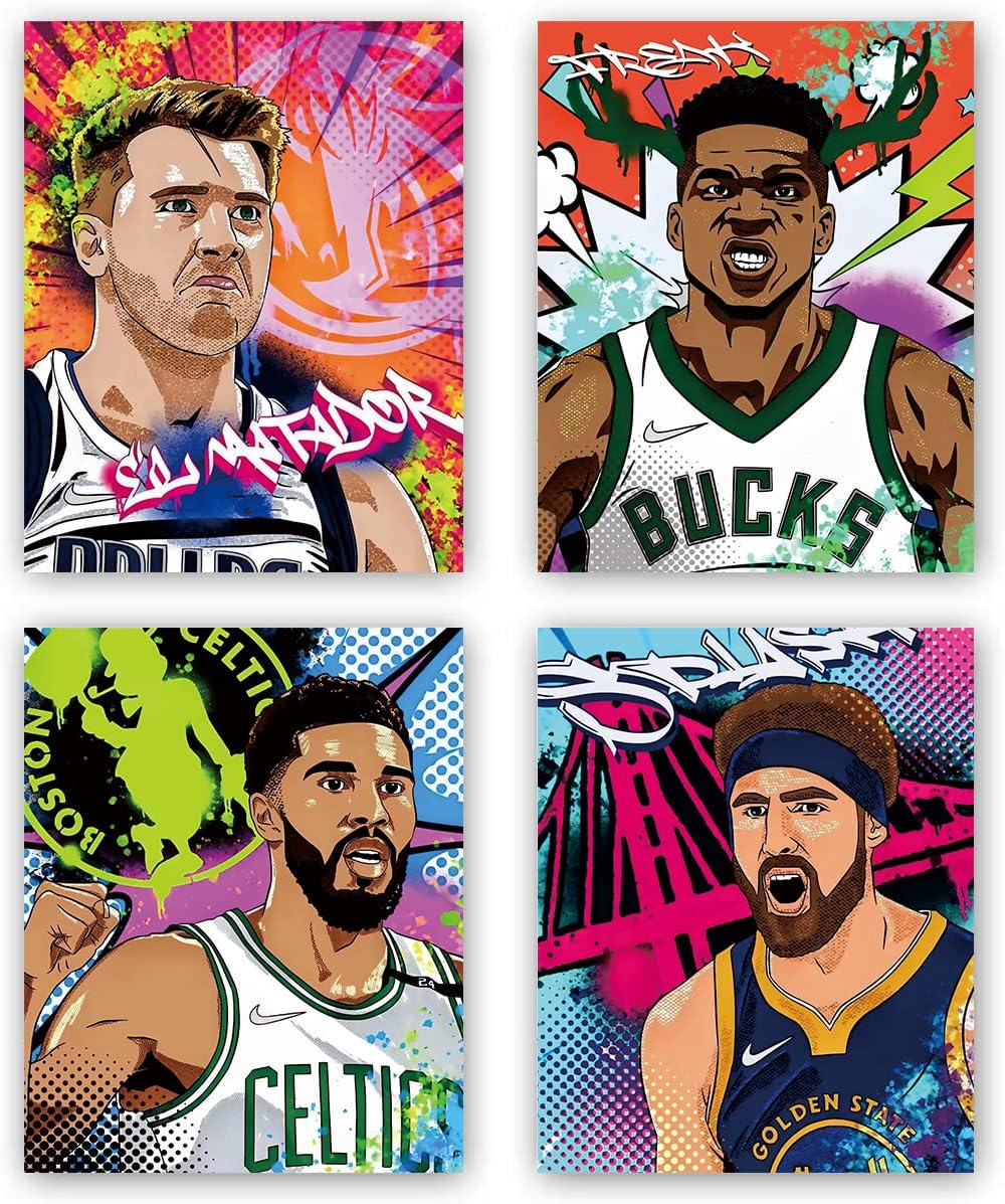 Basketball Poster Cartoon Super Star Players Posters,Giannis Antetokounmpo Dunk Jayson Tatum Poster Print Canvas Wall Art,for Boy Bedroom Classroom Home Office Gym Wall Art Decoration-Set of 4 (8"x10"Inches,Unframed).