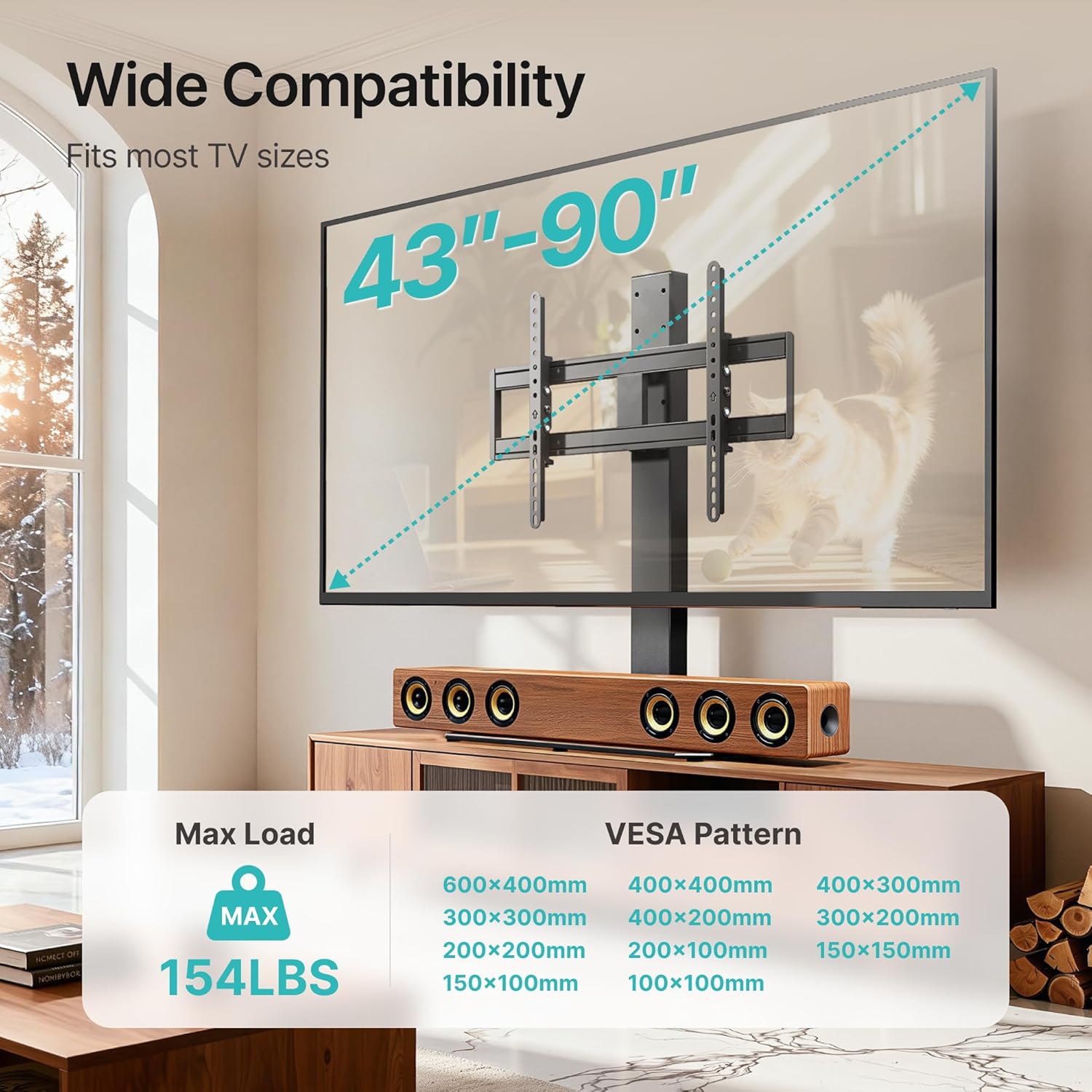 Swivel Universal TV Stand with Mount for 43-90'' TVs, Holds 154 lbs, Height Adjustable Large Table top tv Stand, VESA MAX 600x400mm