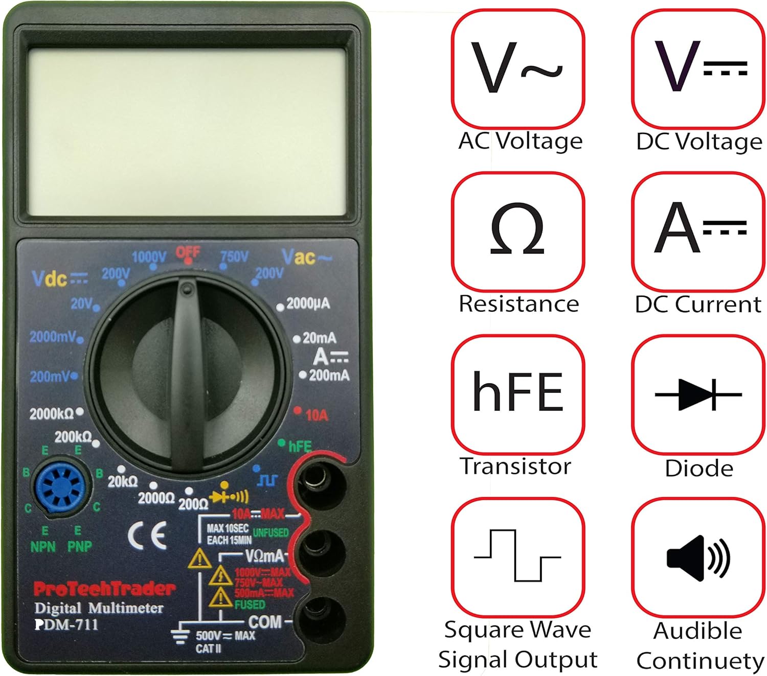 Large Screen Multimeter - Volts Ohms Amps Transistor (hFE) Square Wave Output Diode & Audible Continuity Tester with Buzzer