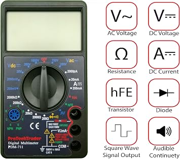Large Screen Multimeter - Volts Ohms Amps Transistor (hFE) Square Wave Output Diode & Audible Continuity Tester with Buzzer