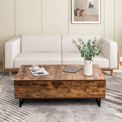 Miniatura 4 de COSTWAY Mesa auxiliar con compartimento de almacenamiento oculto, mesa central rectangular de madera con marco de metal y estante lateral abierto,