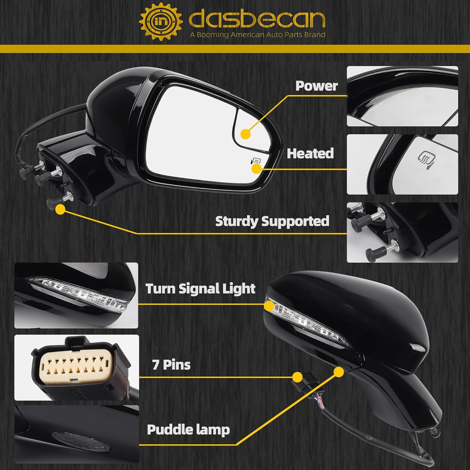 Dasbecan Right Passenger Side Mirror Assembly Compatible with Ford Fusion 2013-2016 Power | Heated | Turn Signal | Puddle Light | Manual Folding | FS73-17682 | Paintable | 7Pins