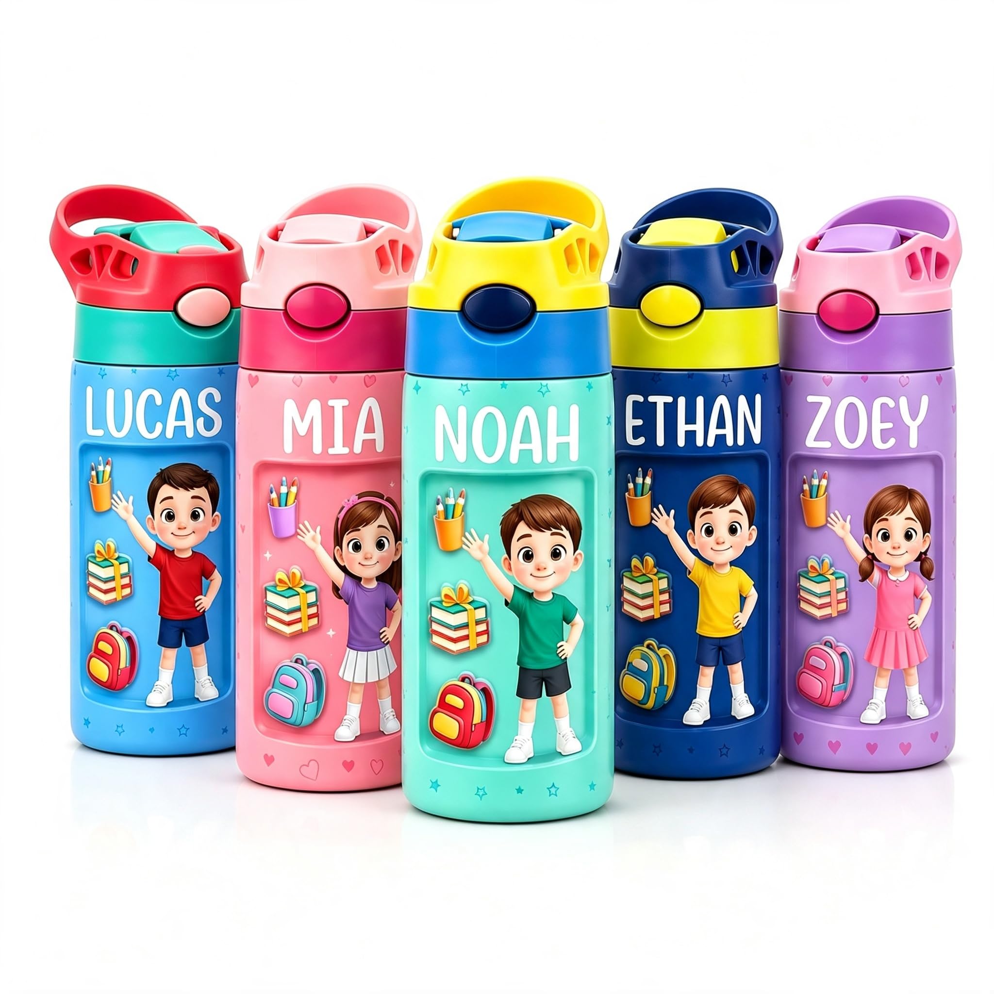 VEELU Personalised Water Bottle for Kids 350ml, Custom Kids Insulated Water Bottles with Name, Stainless Steel Straw, Reusable, Non-Spill, BPA-Free, Back to School Gifts for Girls and Boys