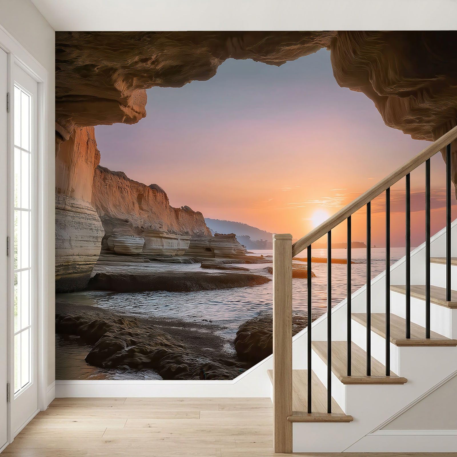 3D Fototapete 200 x 140 cm (B X H) Vlies Tapete Schlafzimmer Wohnzimmer Küstenstil Landschaft Vliestapete Wandtapete Fototapeten Bildtapete Wanddeko Kinderzimmer, Mereshöhle Klippe Sonnenuntergang