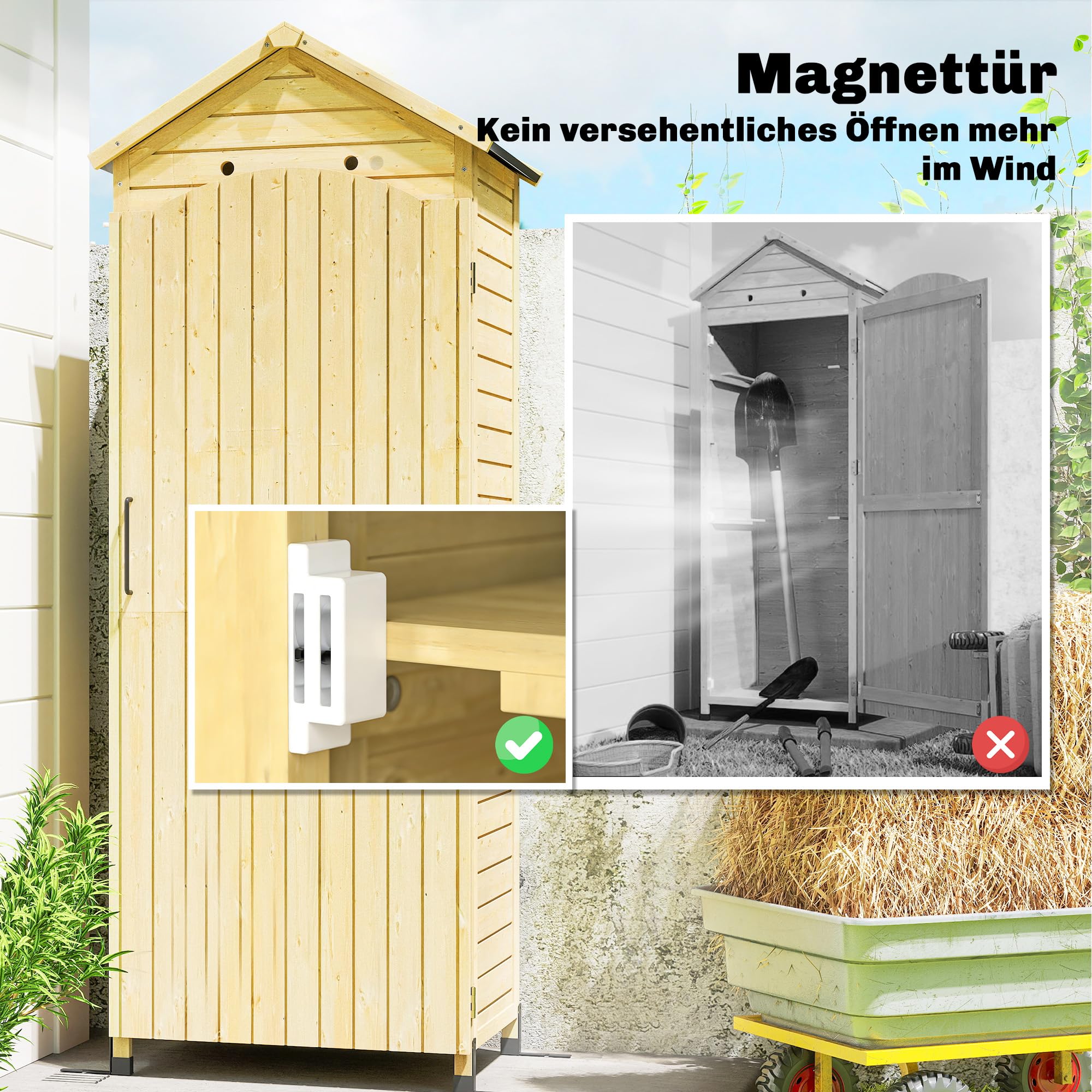 Outsunny Gartenschrank Holz extra hohe Geräteschuppen mit verstellbar Ablage magnetisch Tür galvanisiert Dach Belüftung Kippschutz 85x58x213 cm Geräteschrank Gerätehaus für Garten Terrasse Naturholz