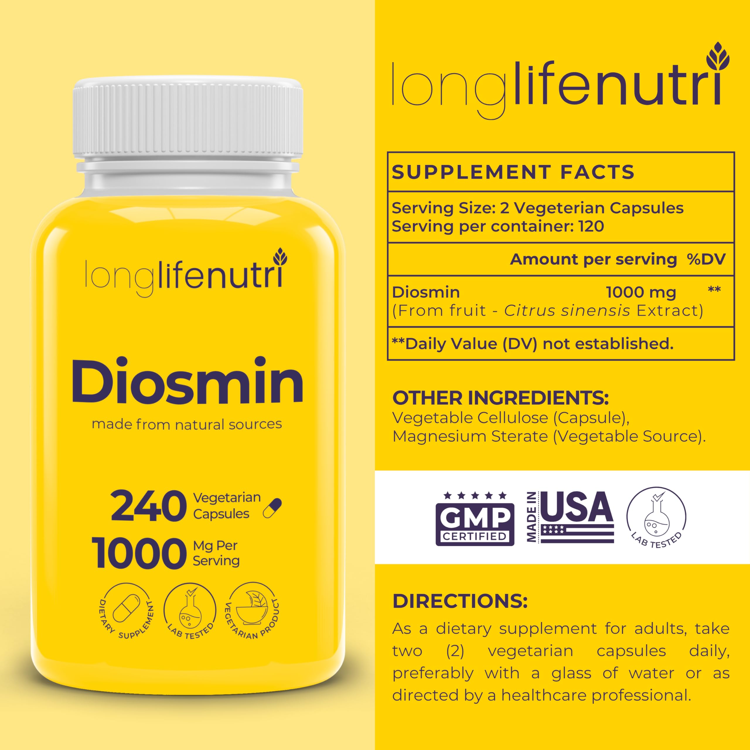 LongLifeNutri Diosmin 1000mg, 240 Vegetarian Capsules, 4-Month Supply — Amazon image 2
