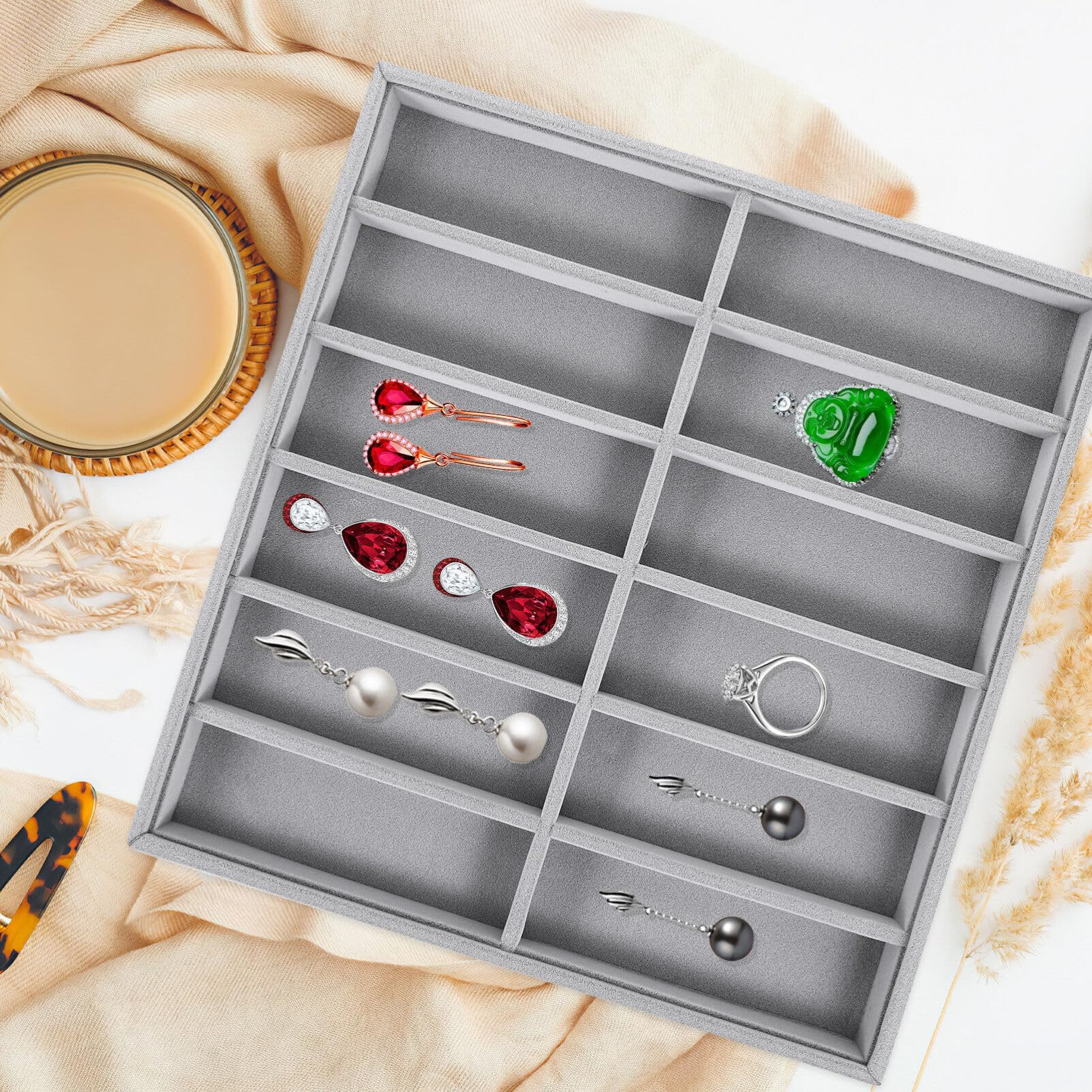 HOMSFOU Organisateur de Lunettes en Tissu Doux 12 Compartiments Réguliers, Boîte de Rangement Décorative pour Accessoires et Bijoux, pour Exposer la Maison